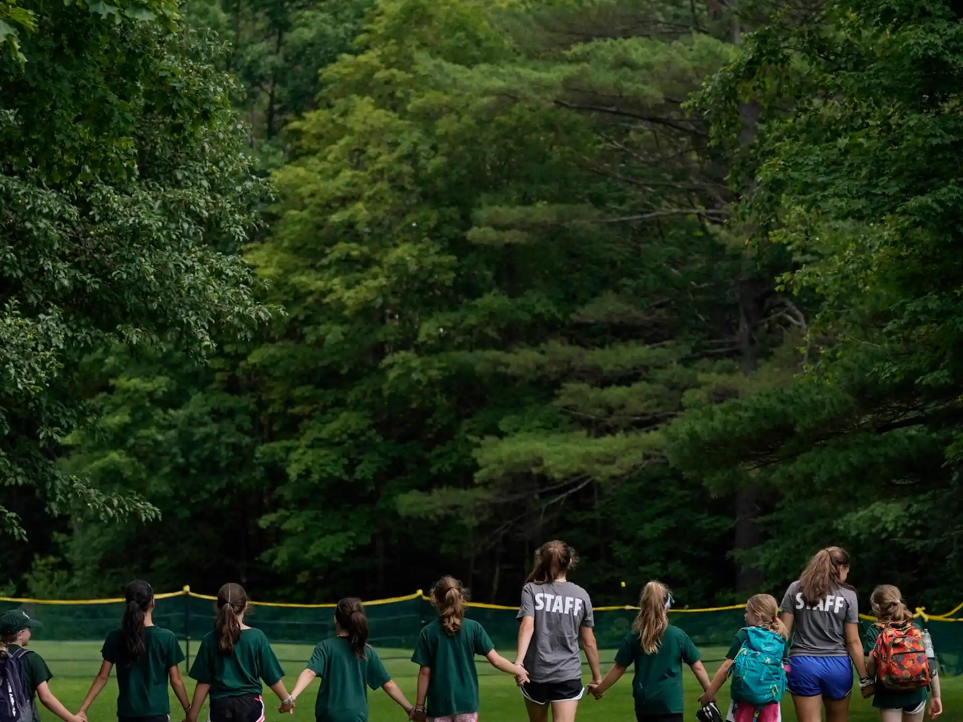 a group of people running on a grass field