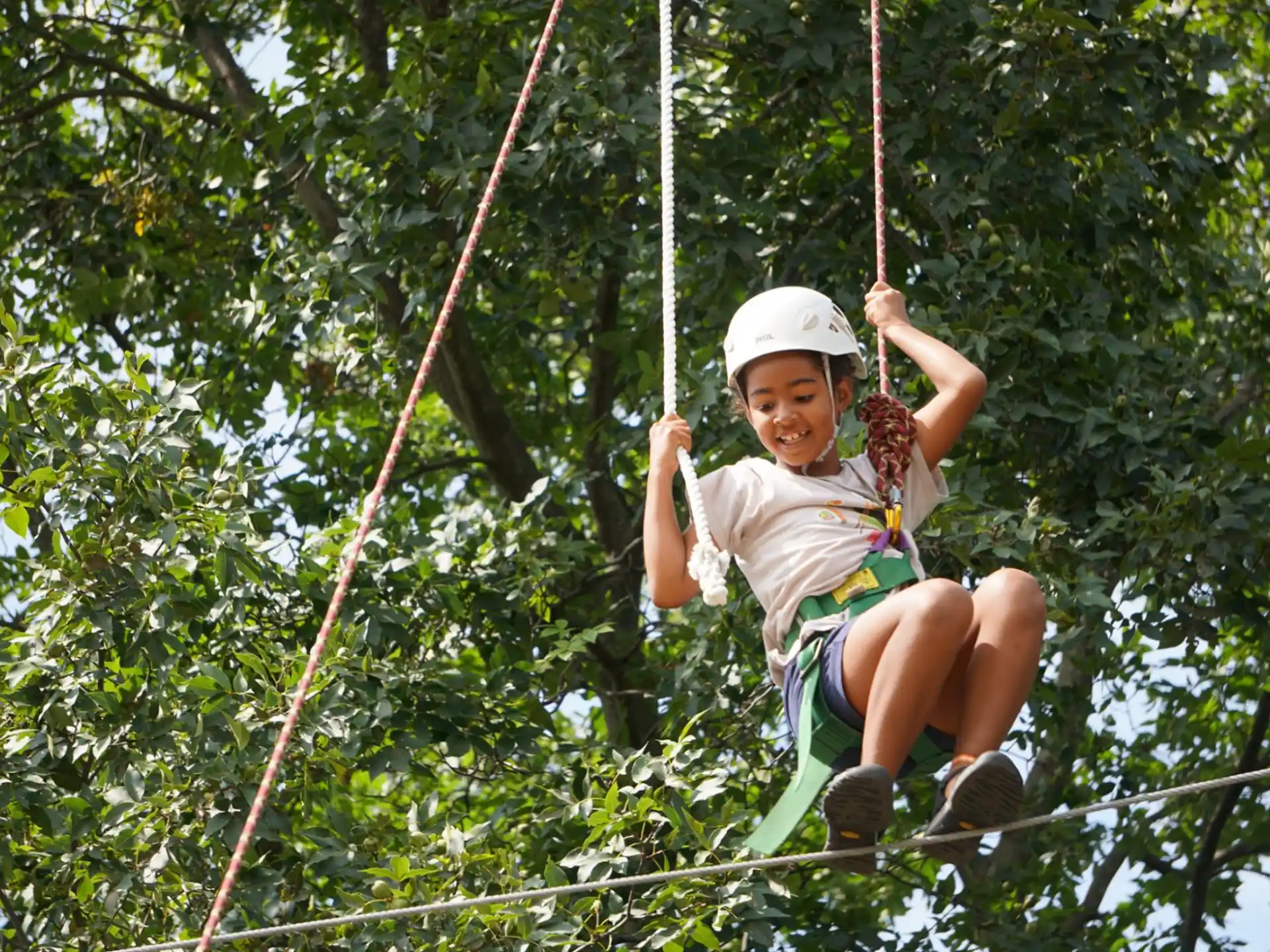 a young girl on a zip line