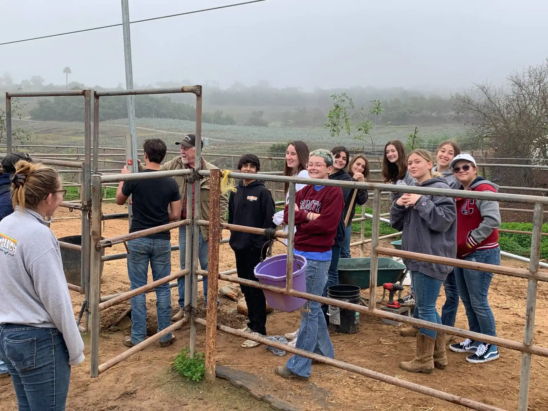 a group of people standing on a fence