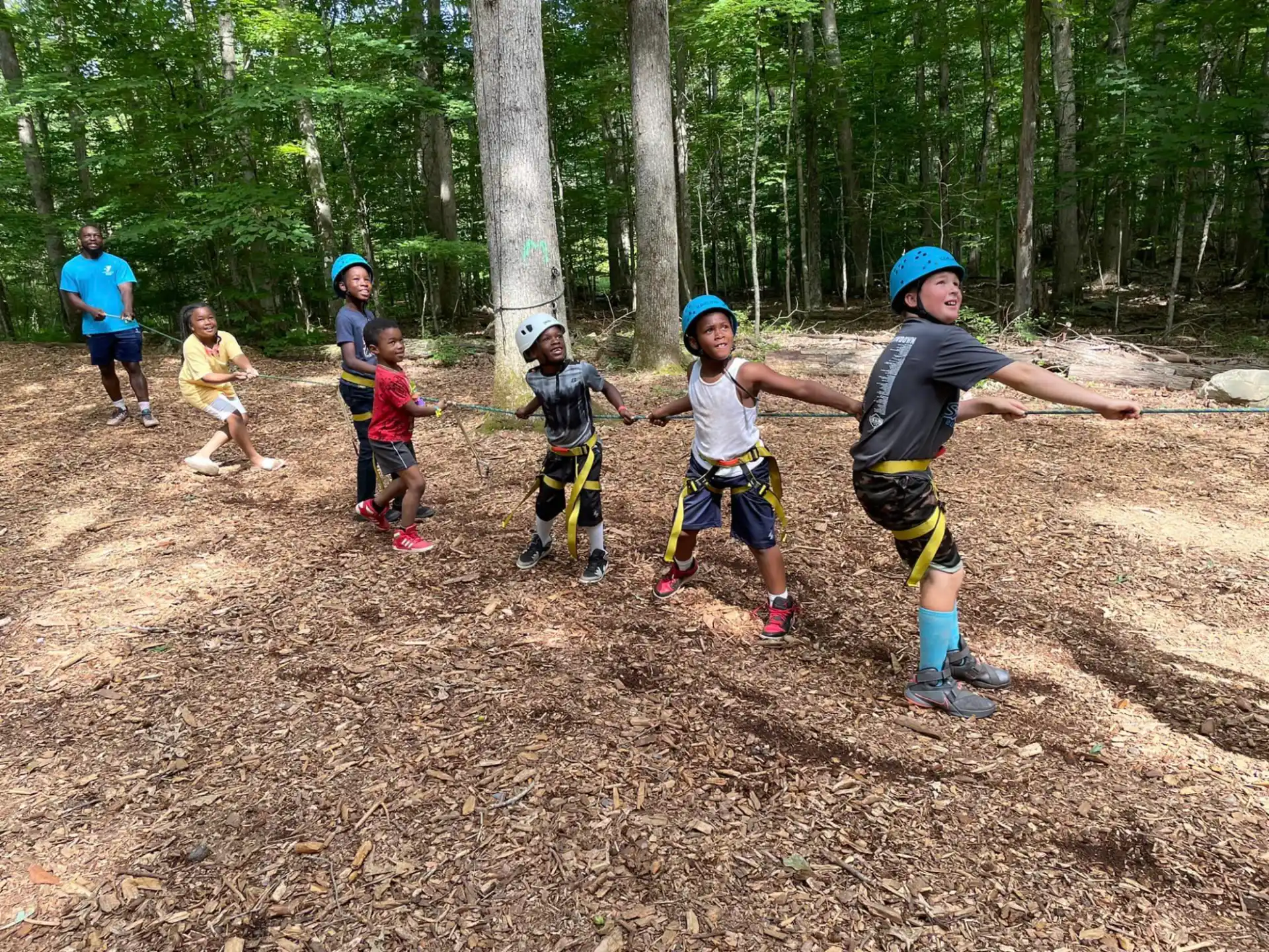 a group of kids playing in the woods
