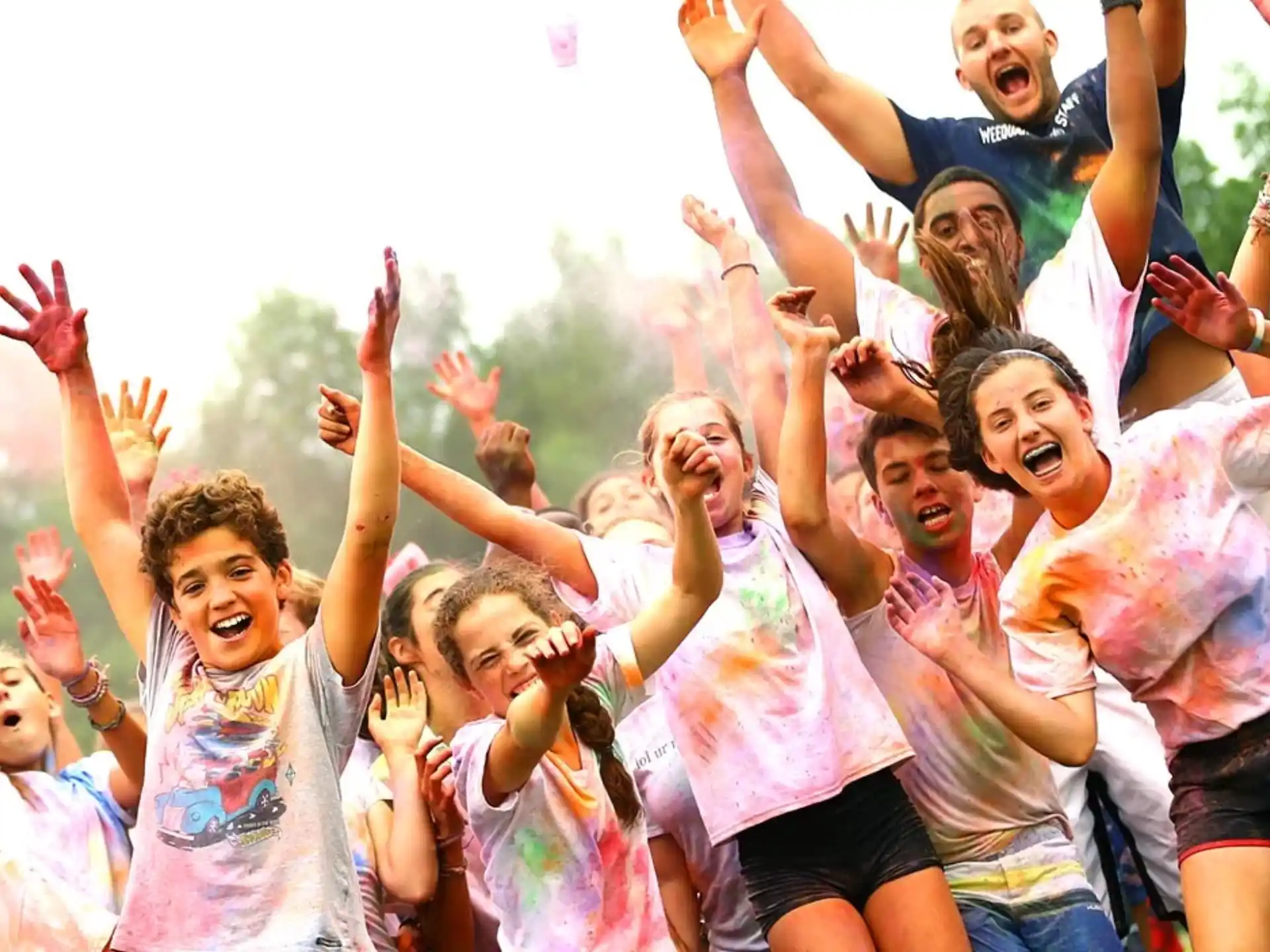 a group of people cheering