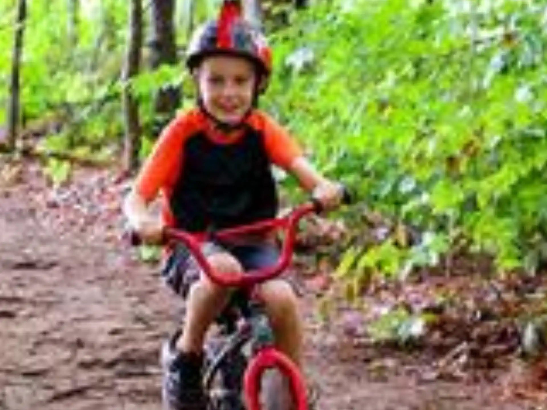 a boy riding a bike on a trail in the woods
