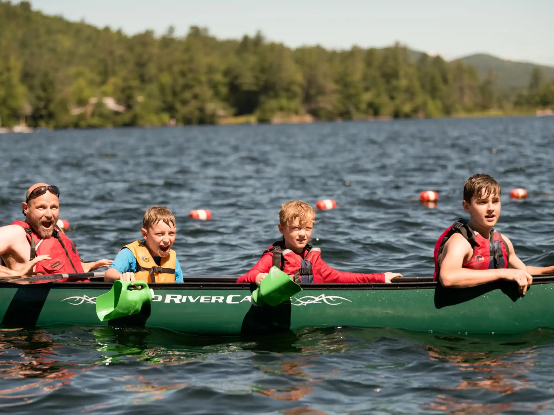 a group of people in a canoe