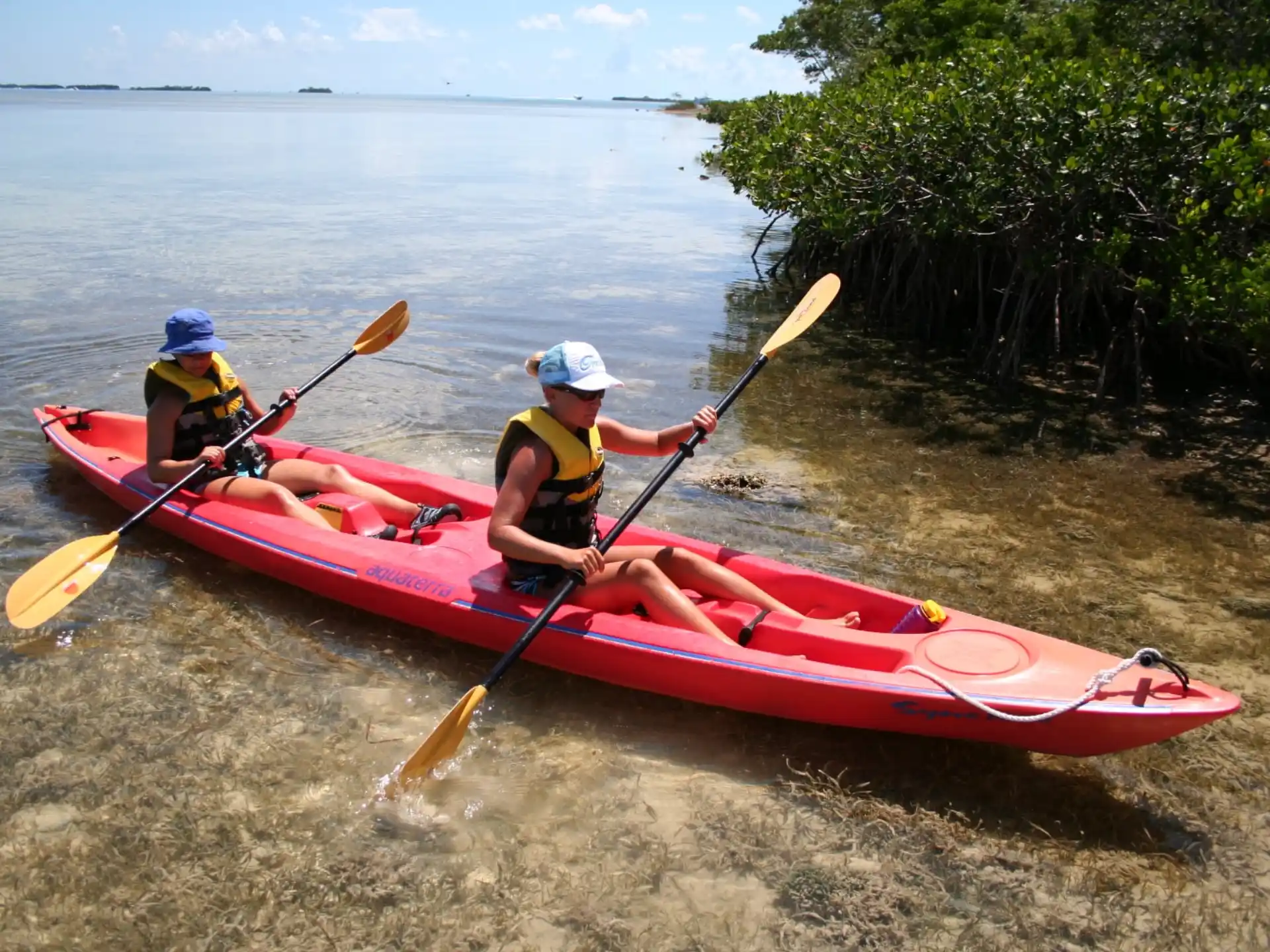 a couple of people in a canoe