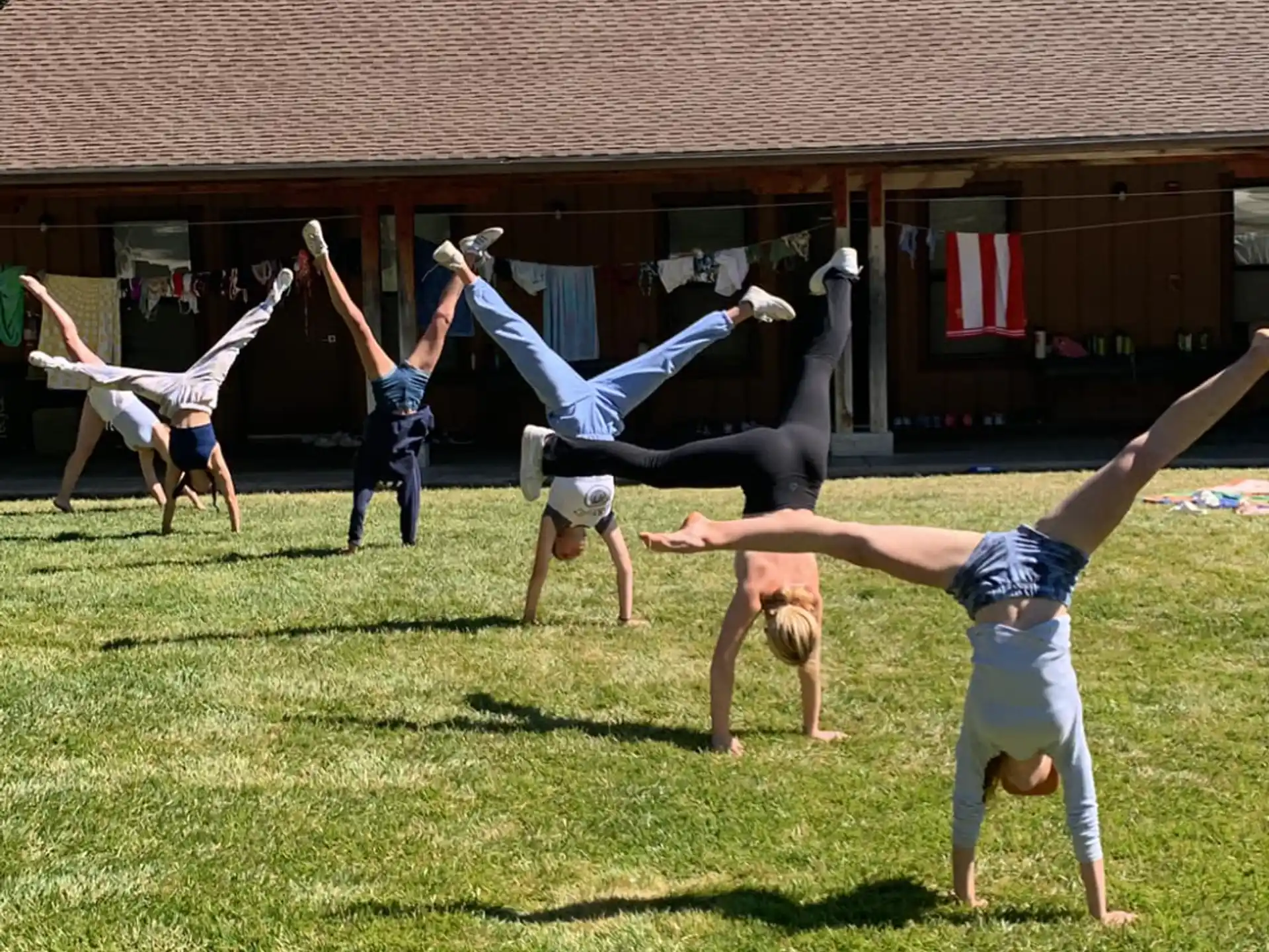 a group of people doing handstands in a grassy field