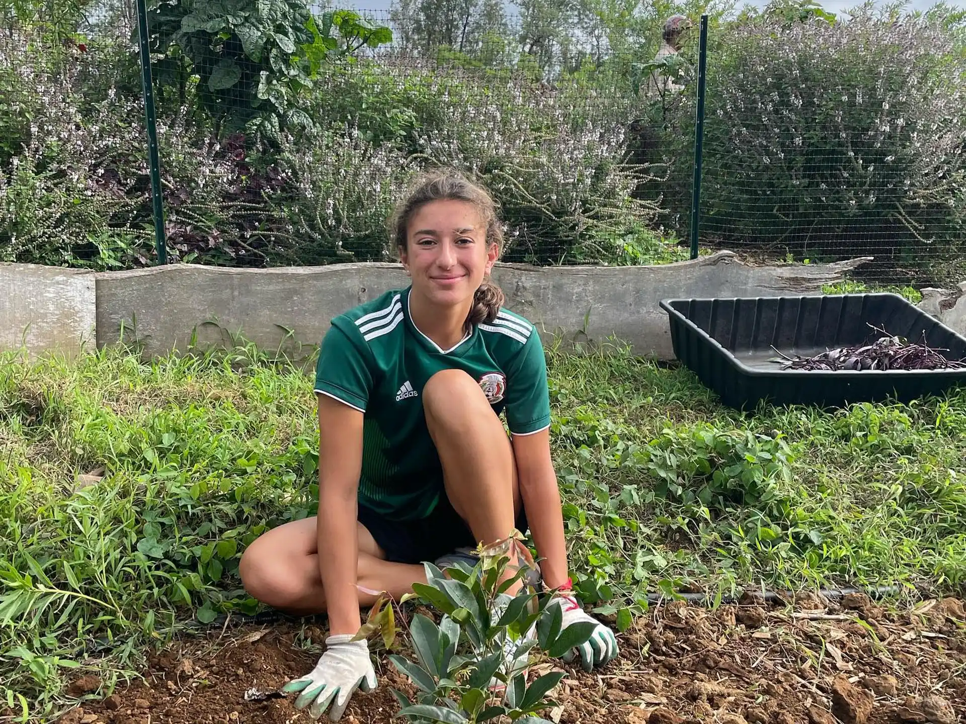 a person kneeling in a garden