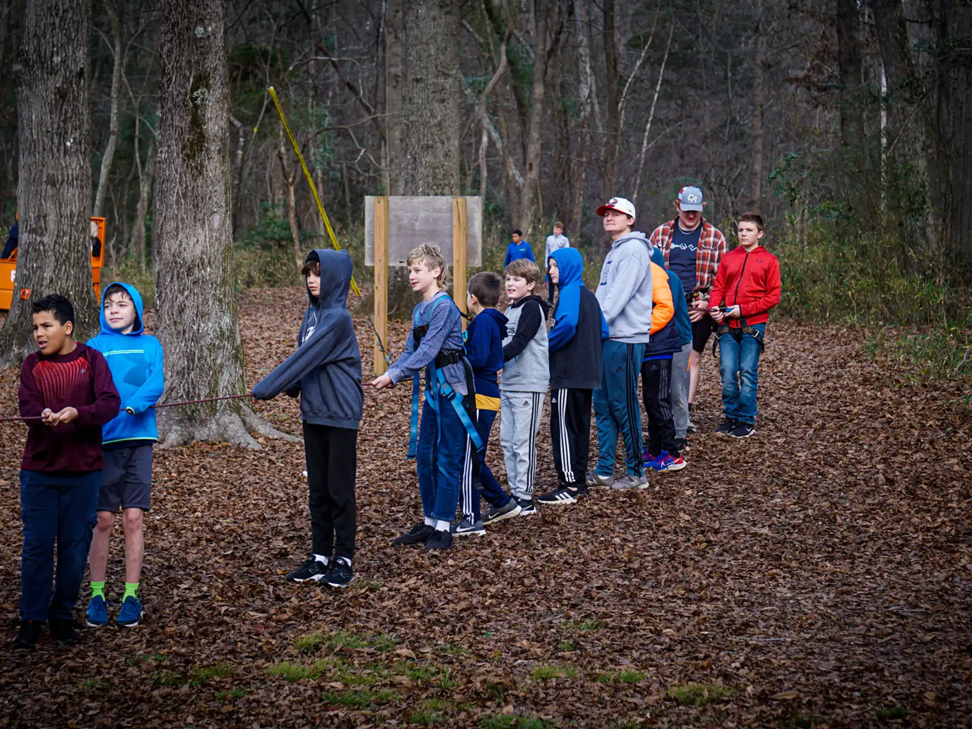 a group of people standing in a forest