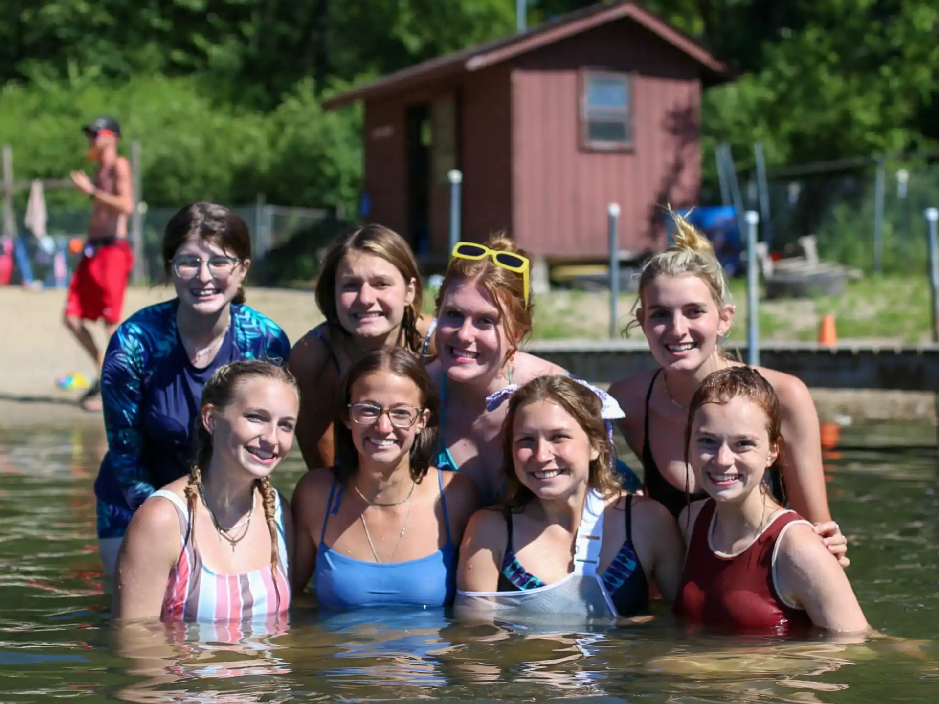 a group of people in a pool
