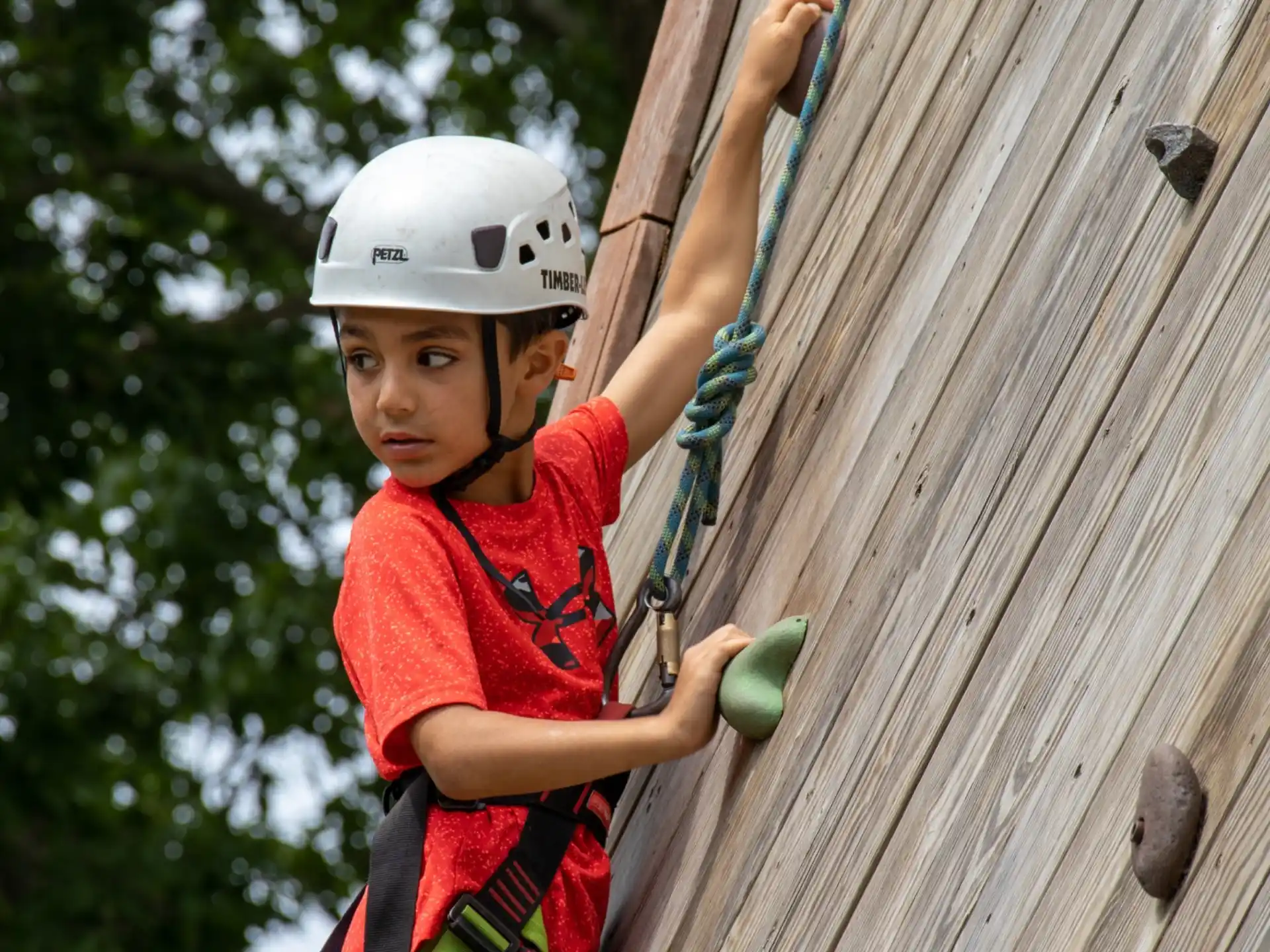 a young boy wearing a helmet and holding a ball