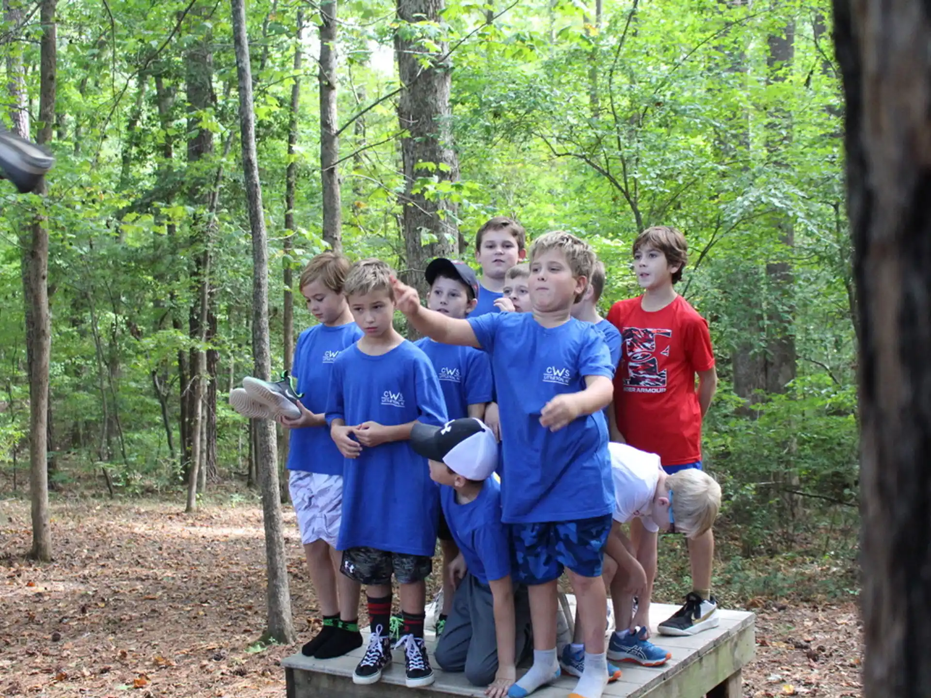 a group of boys standing in the woods