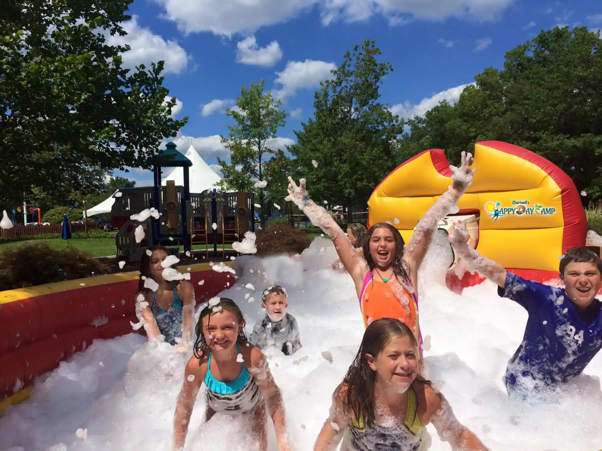 a group of people in a water park