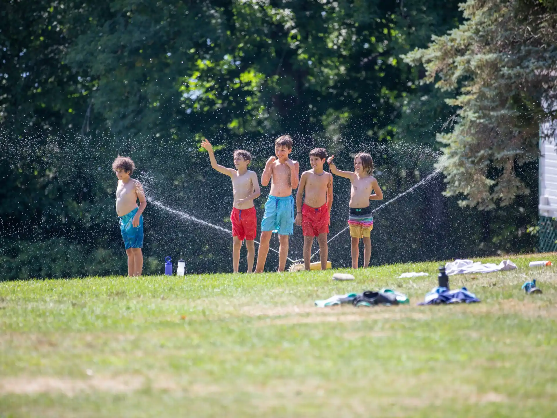 a group of people standing in a grassy area