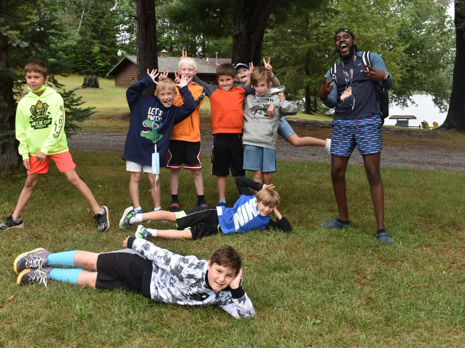 a group of people playing football