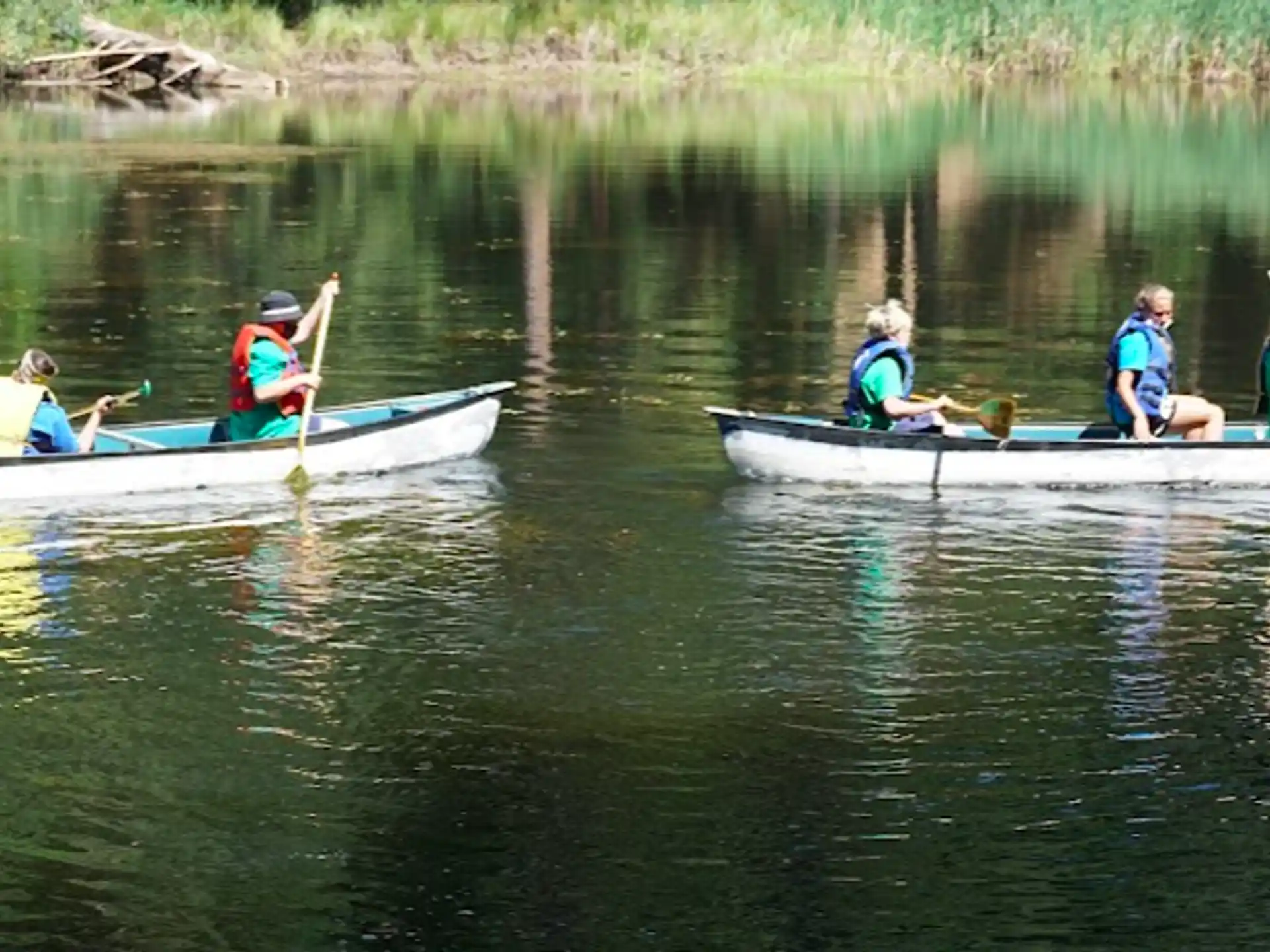 a group of people in canoes on a river