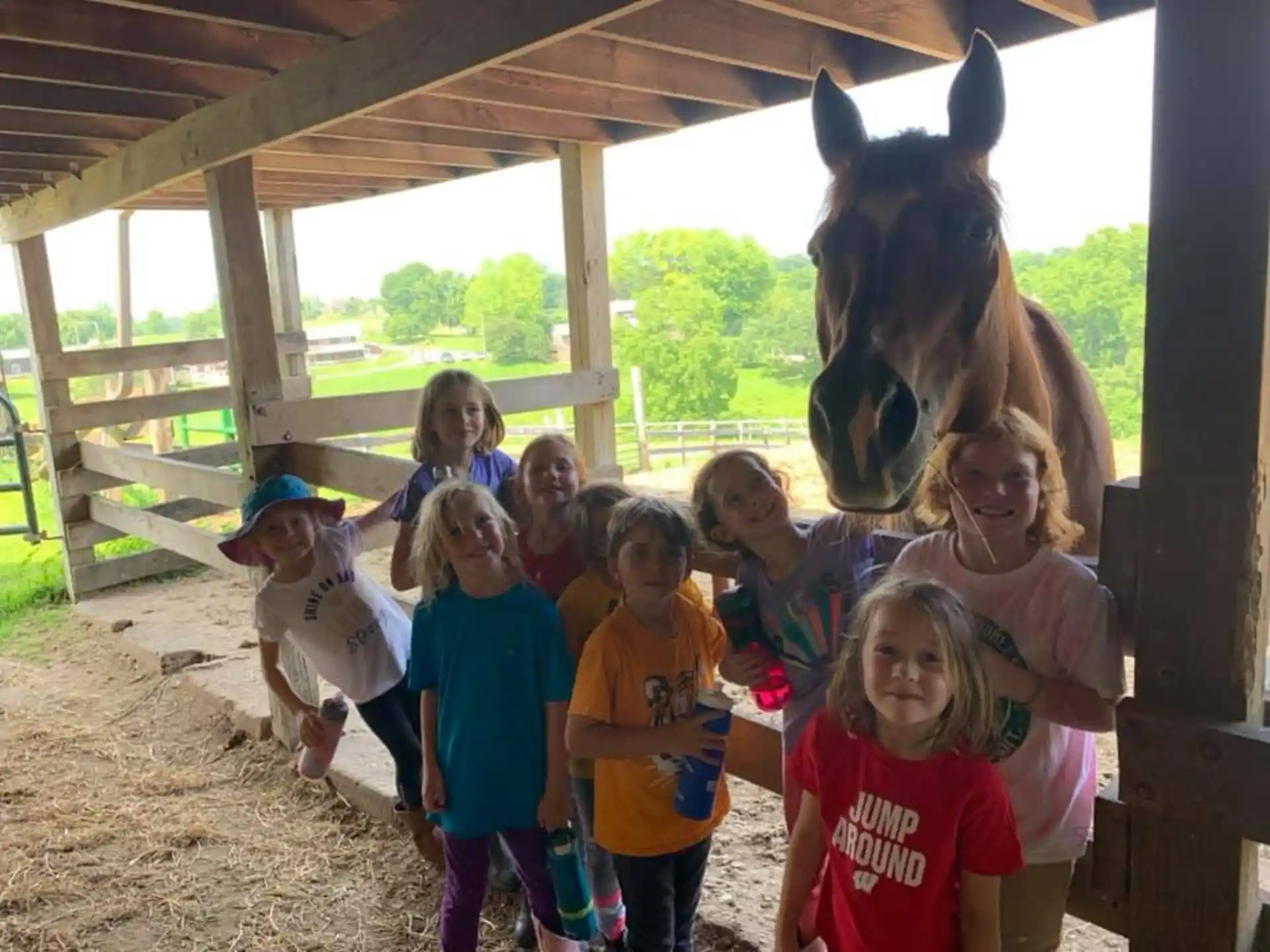 a group of children posing for a photo with a horse