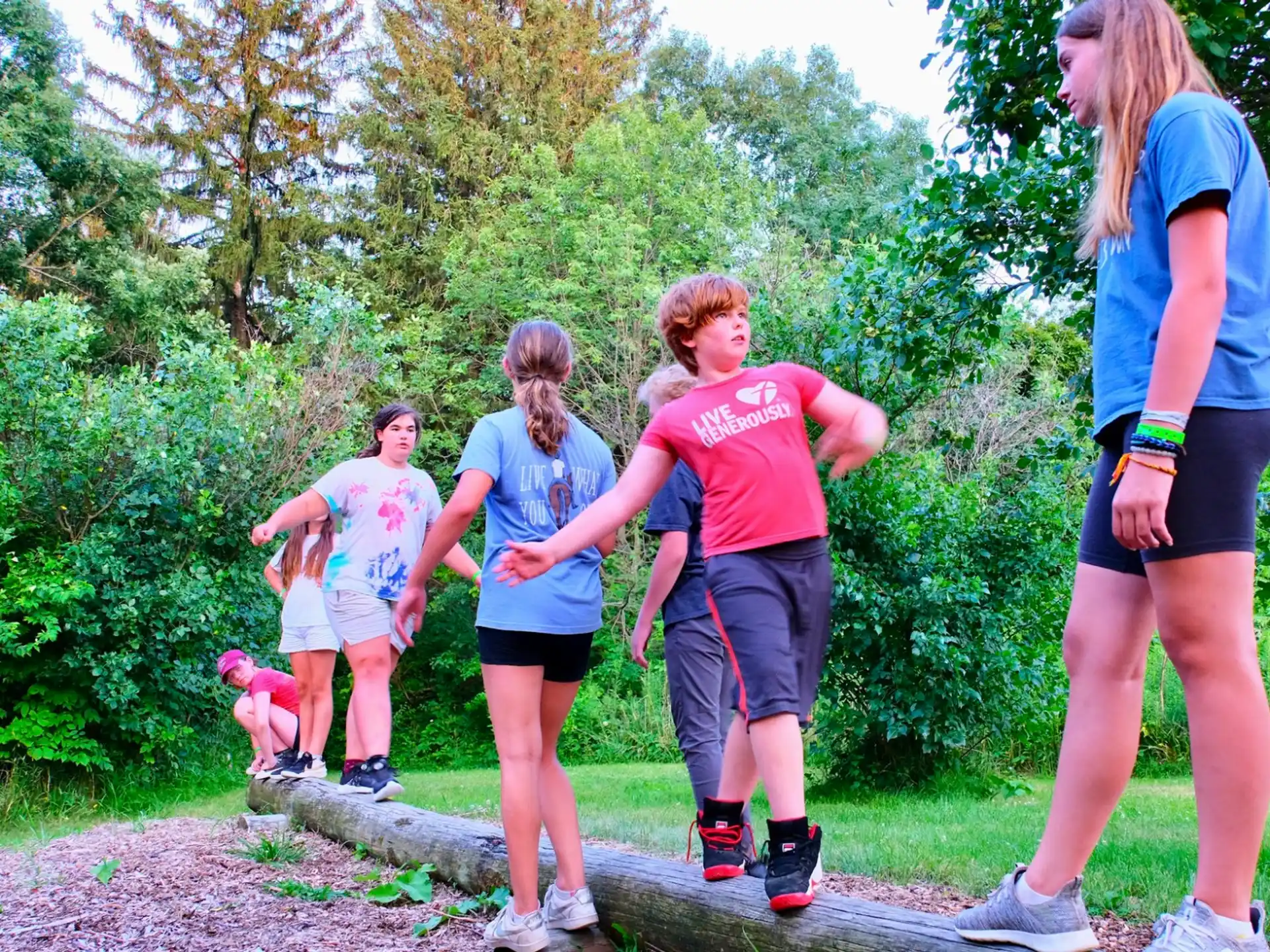a group of people walking on a path in the woods