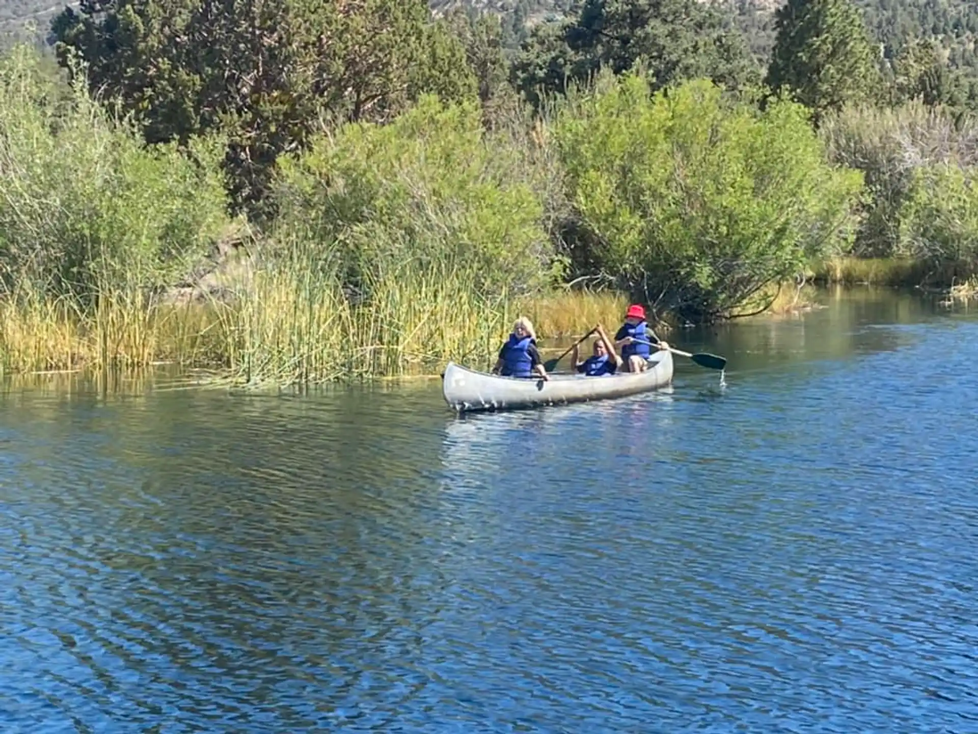 a group of people in a canoe on a river