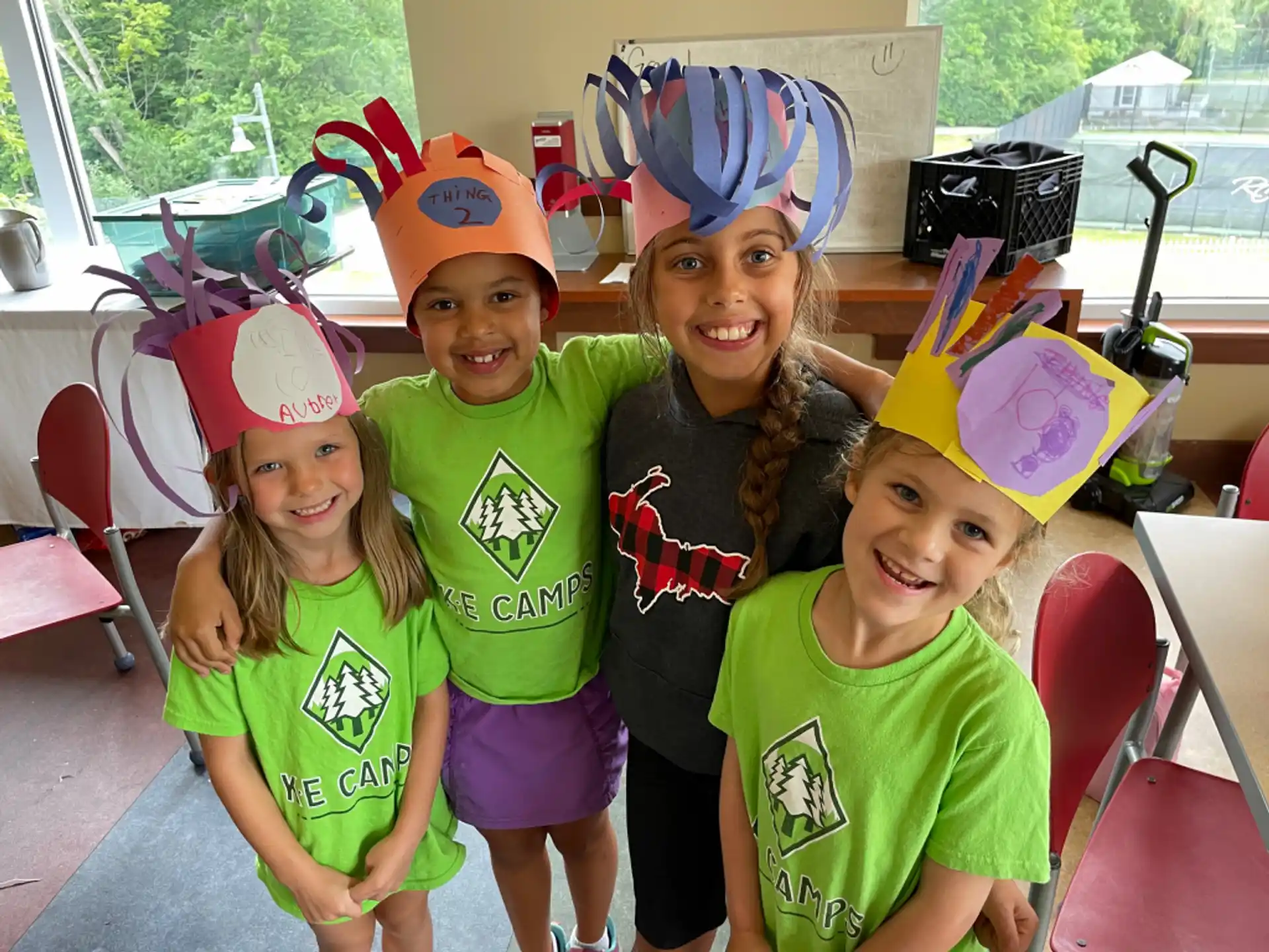 a group of children wearing party hats