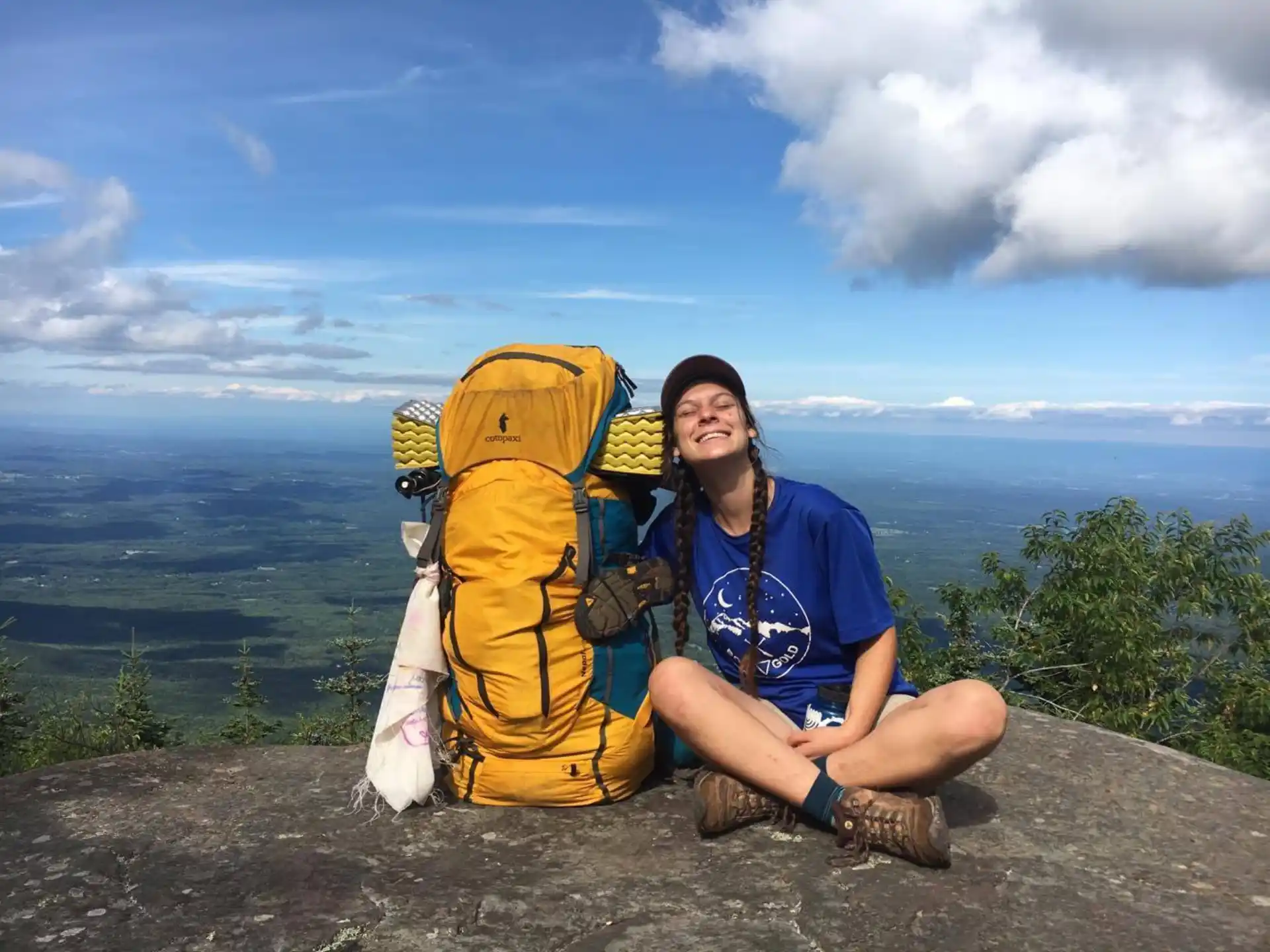 a man sitting next to a backpack
