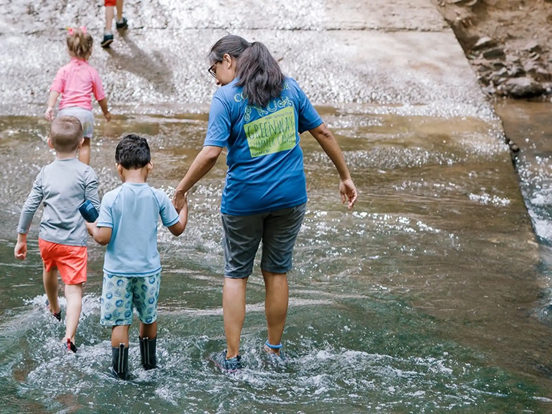 a person and two children walking in water