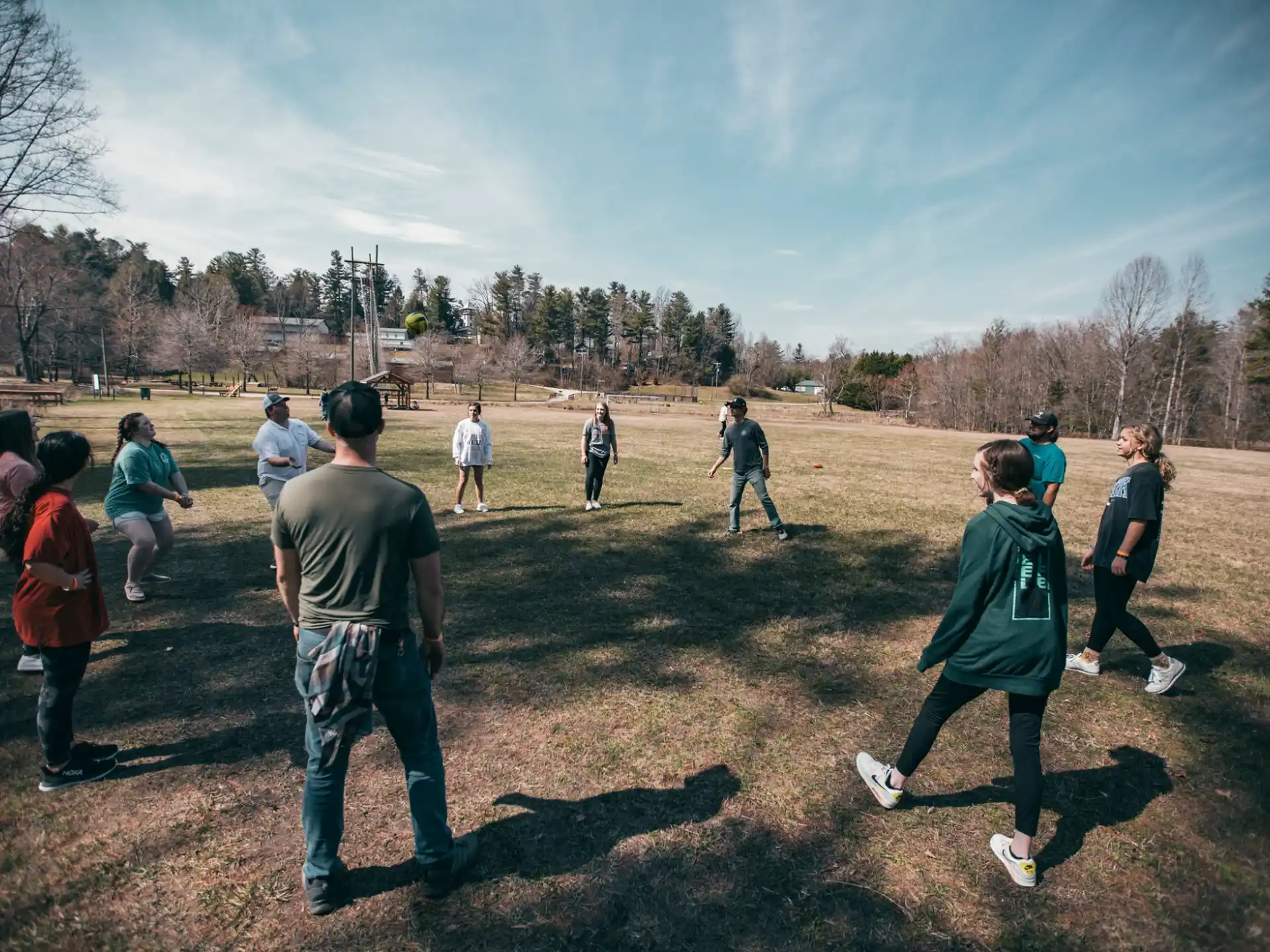 a group of people playing football