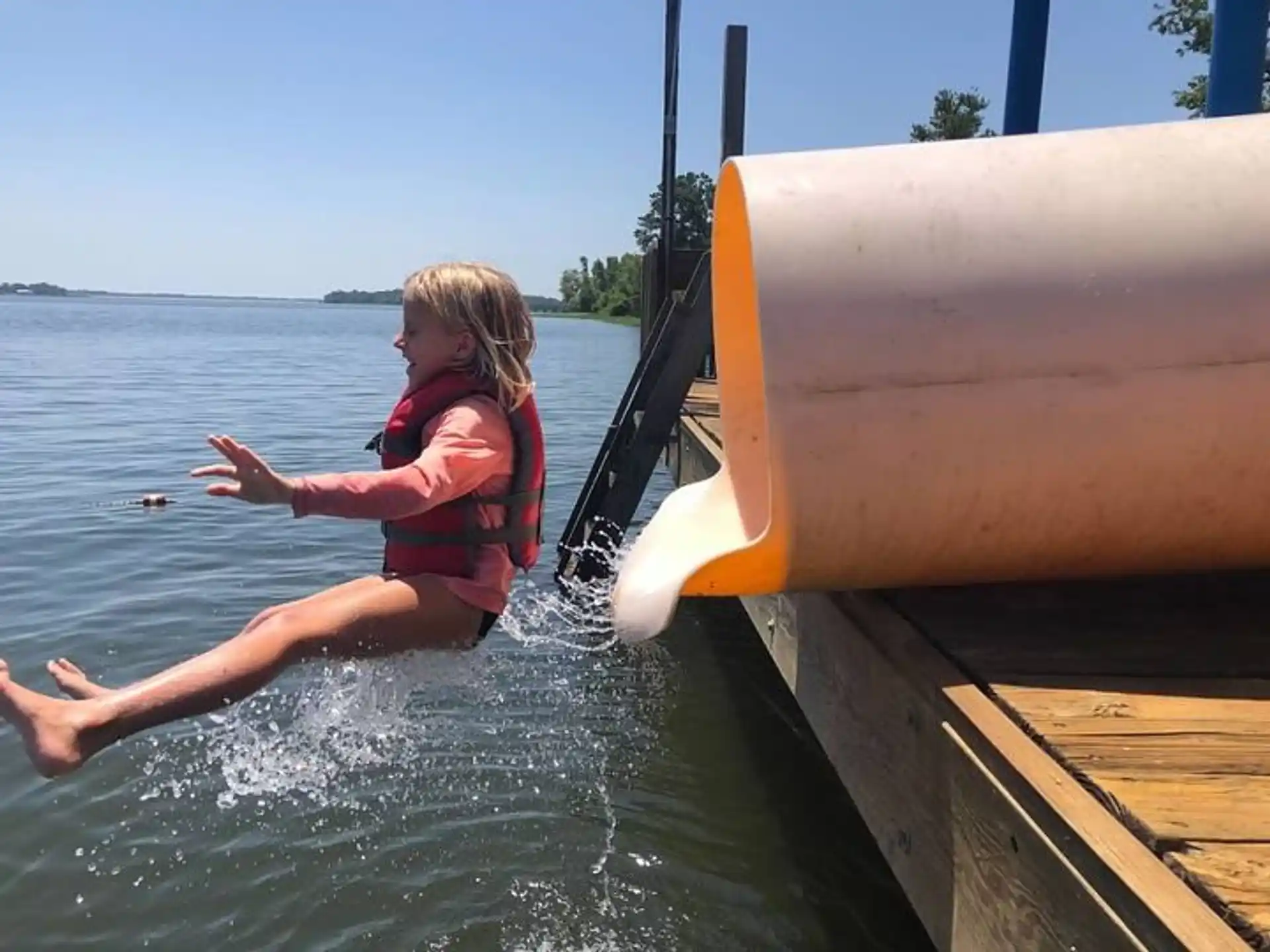 a girl in a life jacket in the water with a dolphin