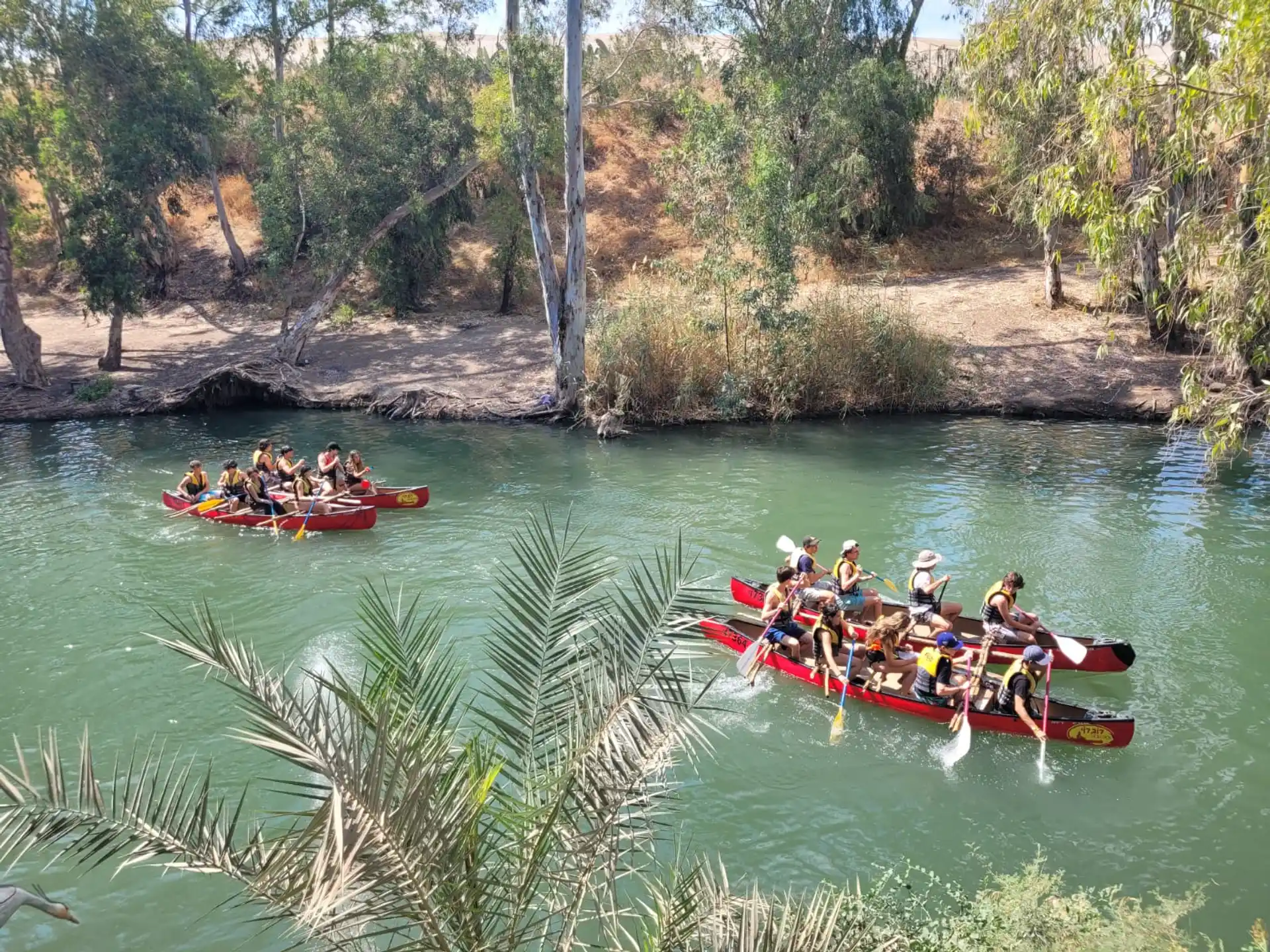 a group of people in canoes on a river