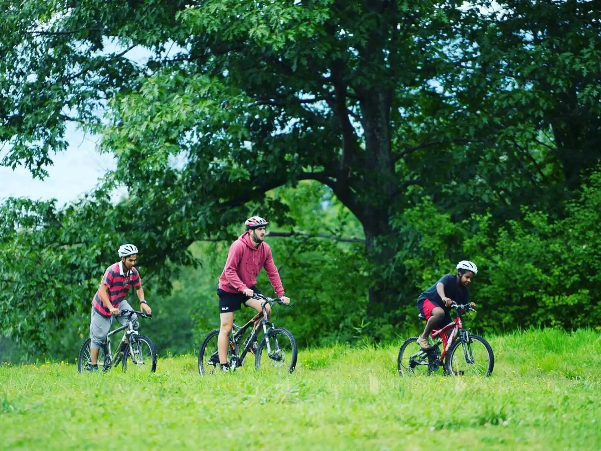a group of people riding bikes