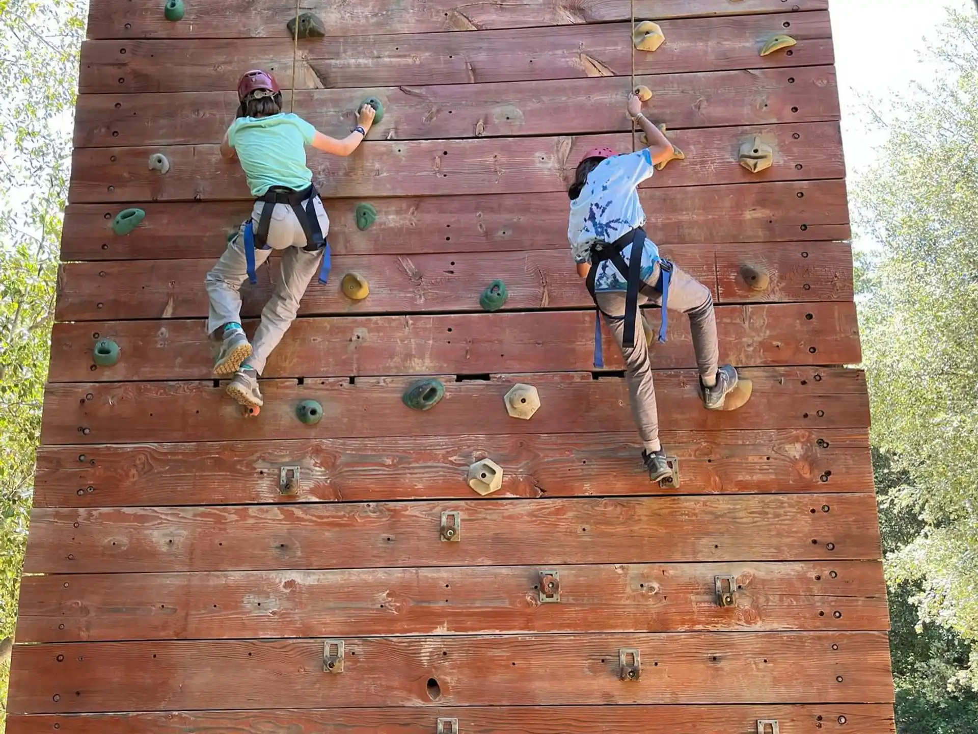 a couple of people climbing a rock wall