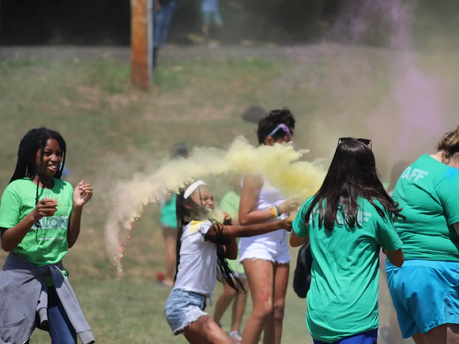 a group of people running
