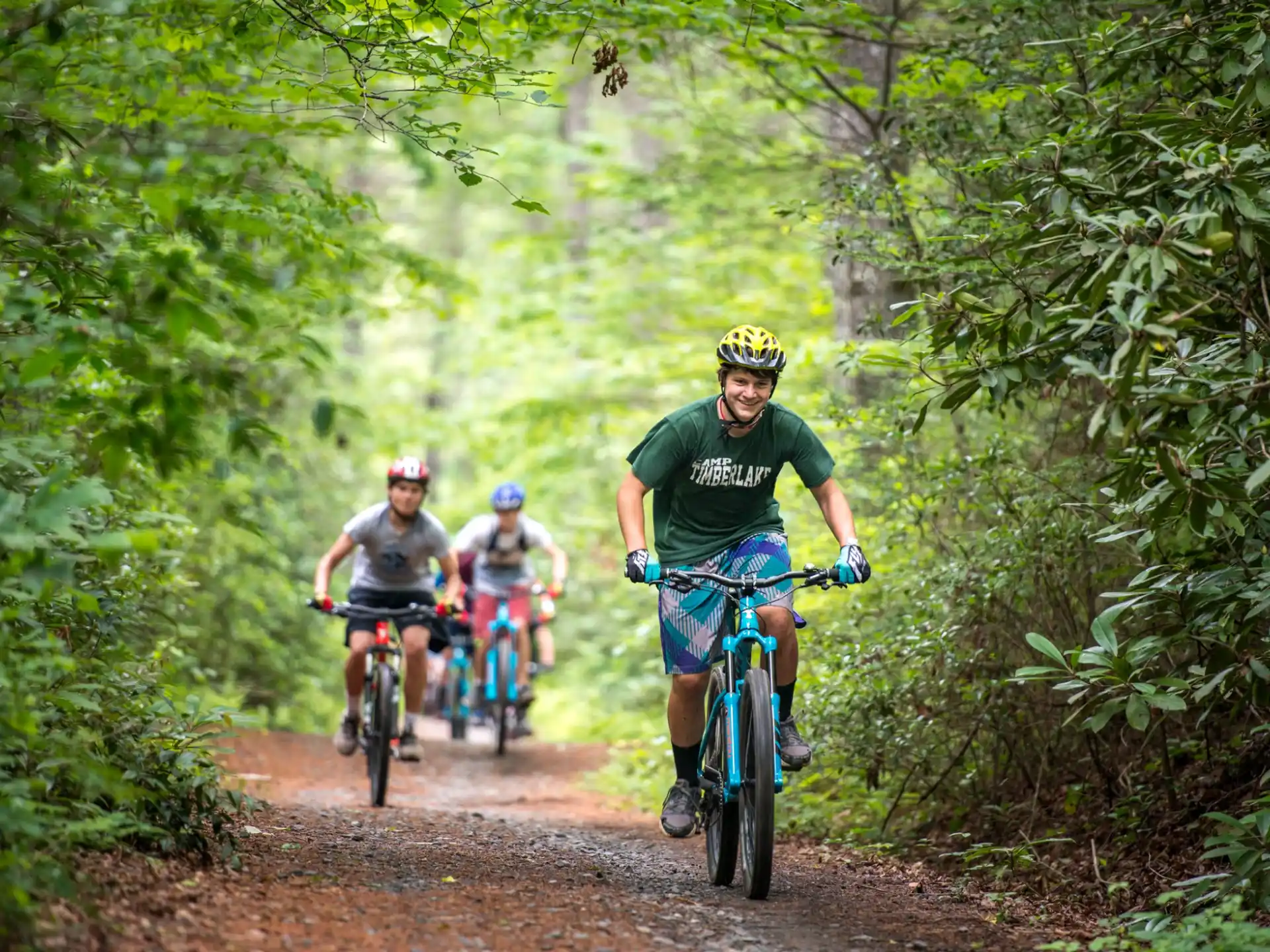 a group of people riding bikes on a dirt path in the woods