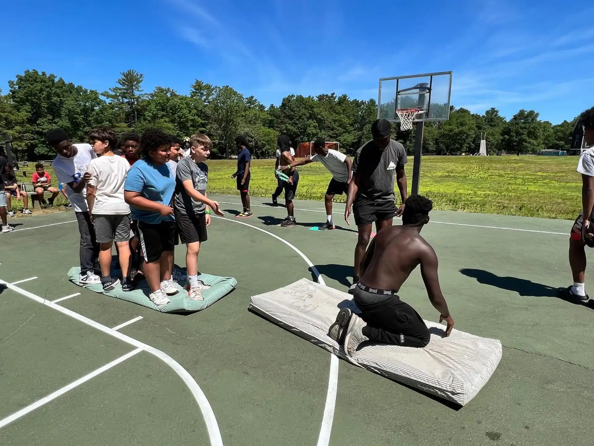a group of people watching a person play basketball