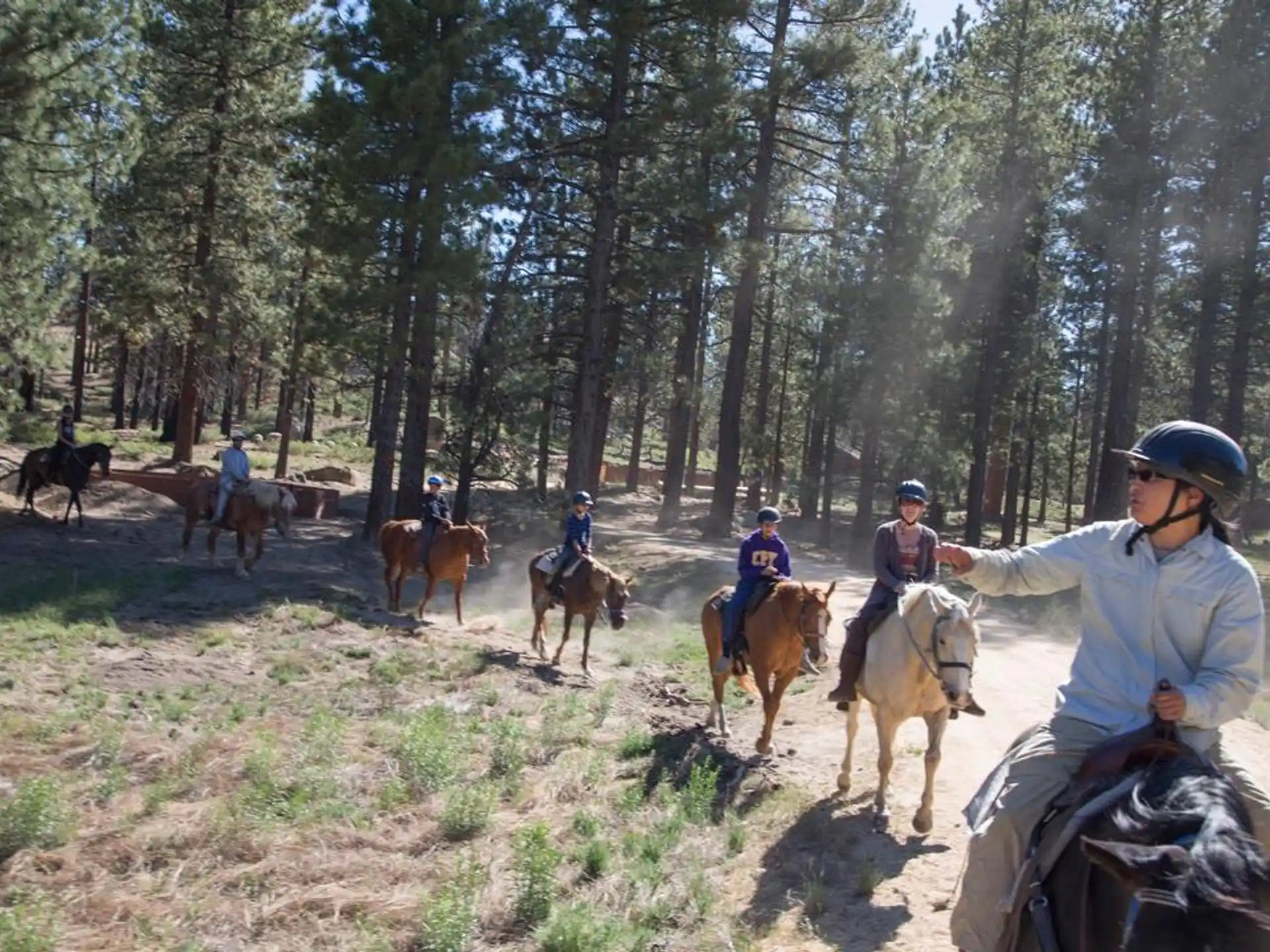 a group of people riding horses