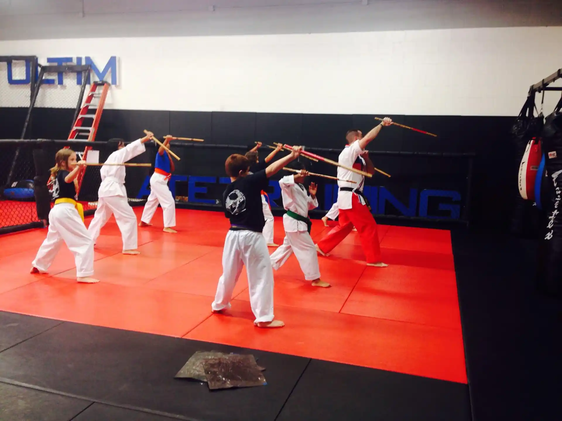 a group of people in a karate class