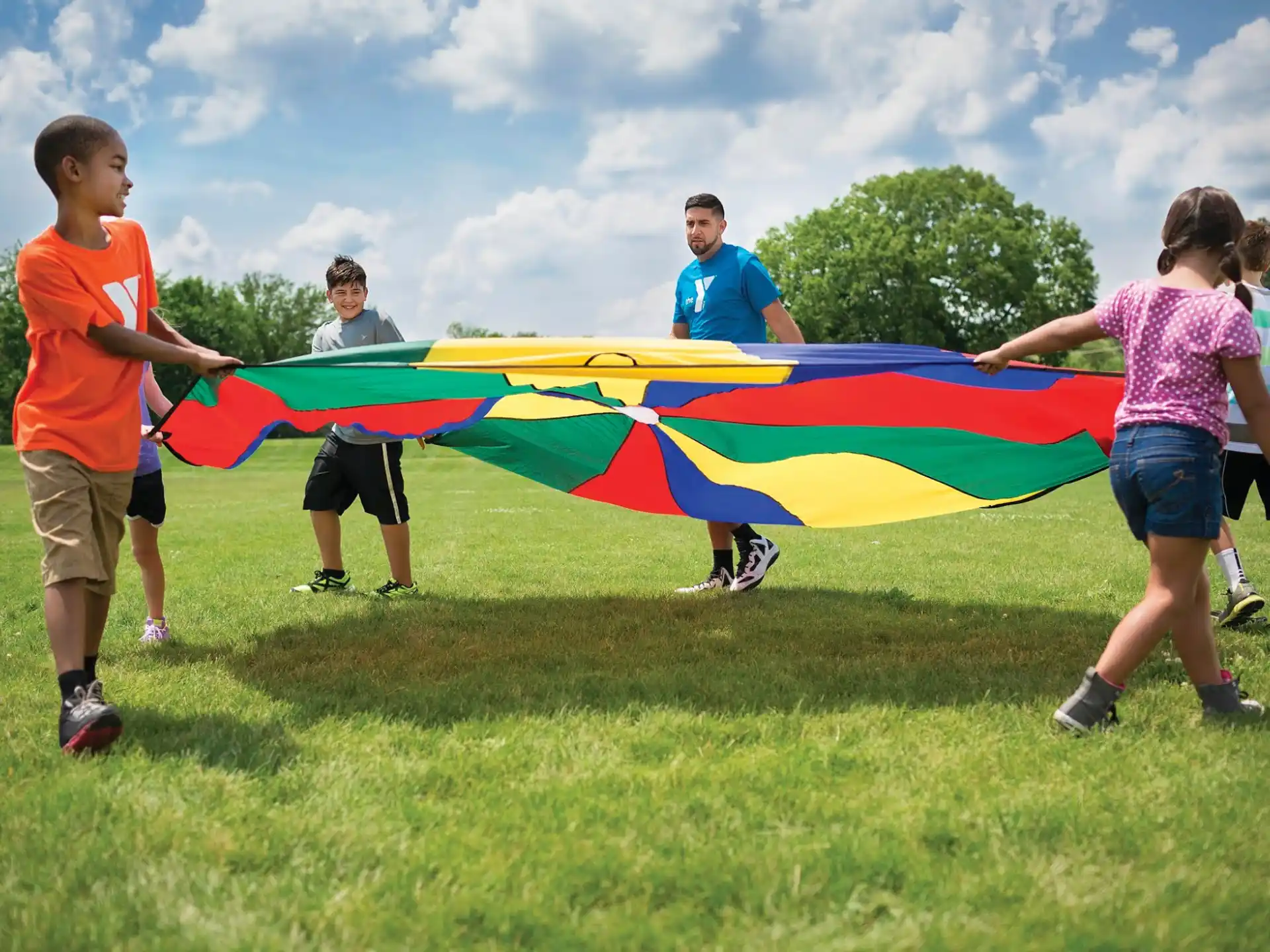 a group of people holding a flag