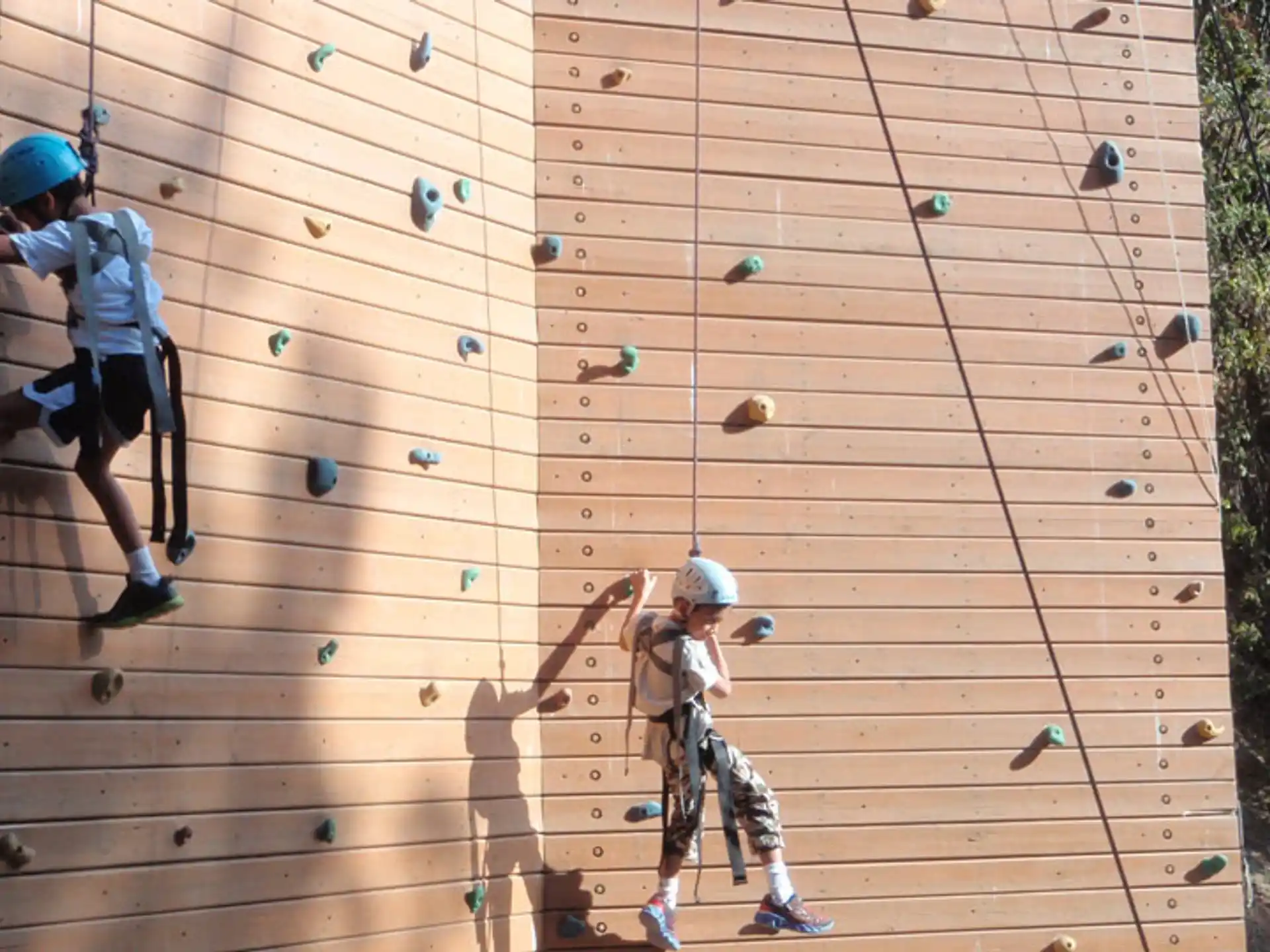 kids climbing a wooden wall