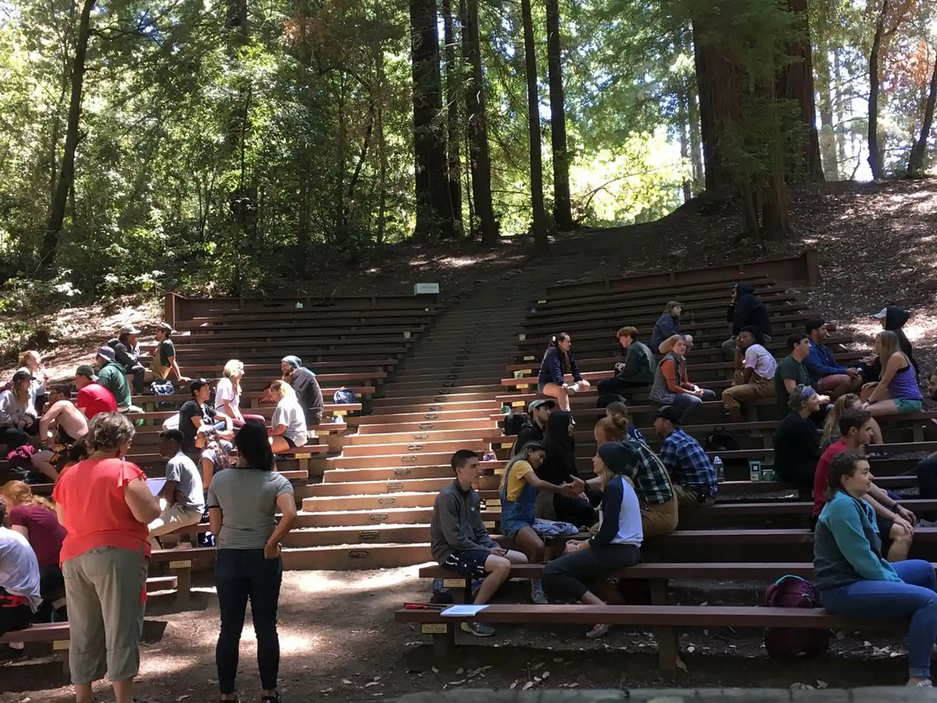 a group of people sitting on wooden benches in a park