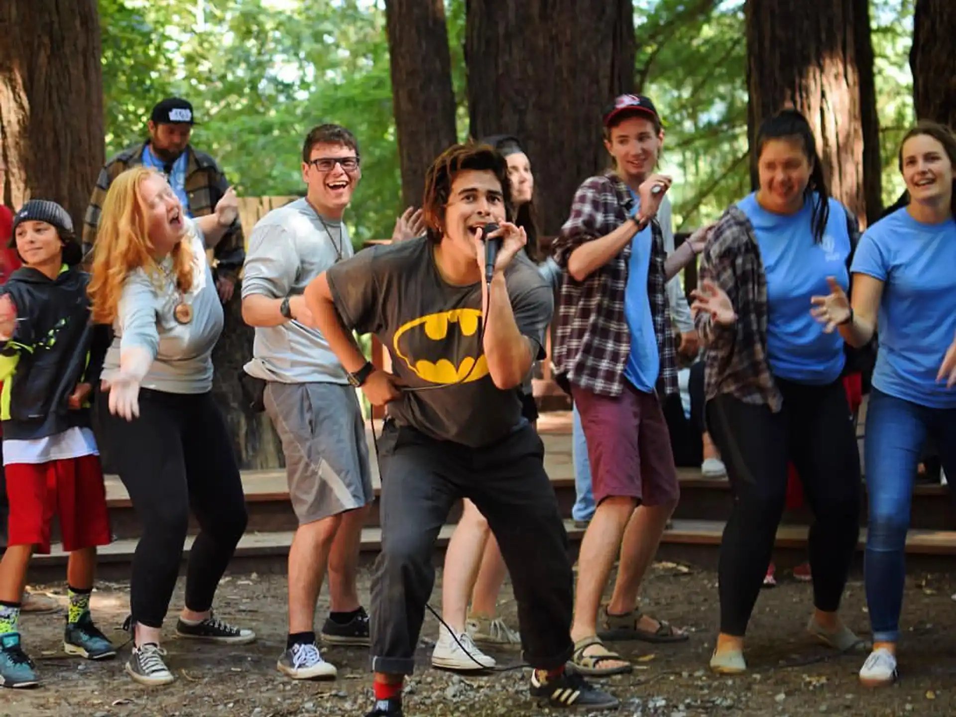 a group of people standing in a line