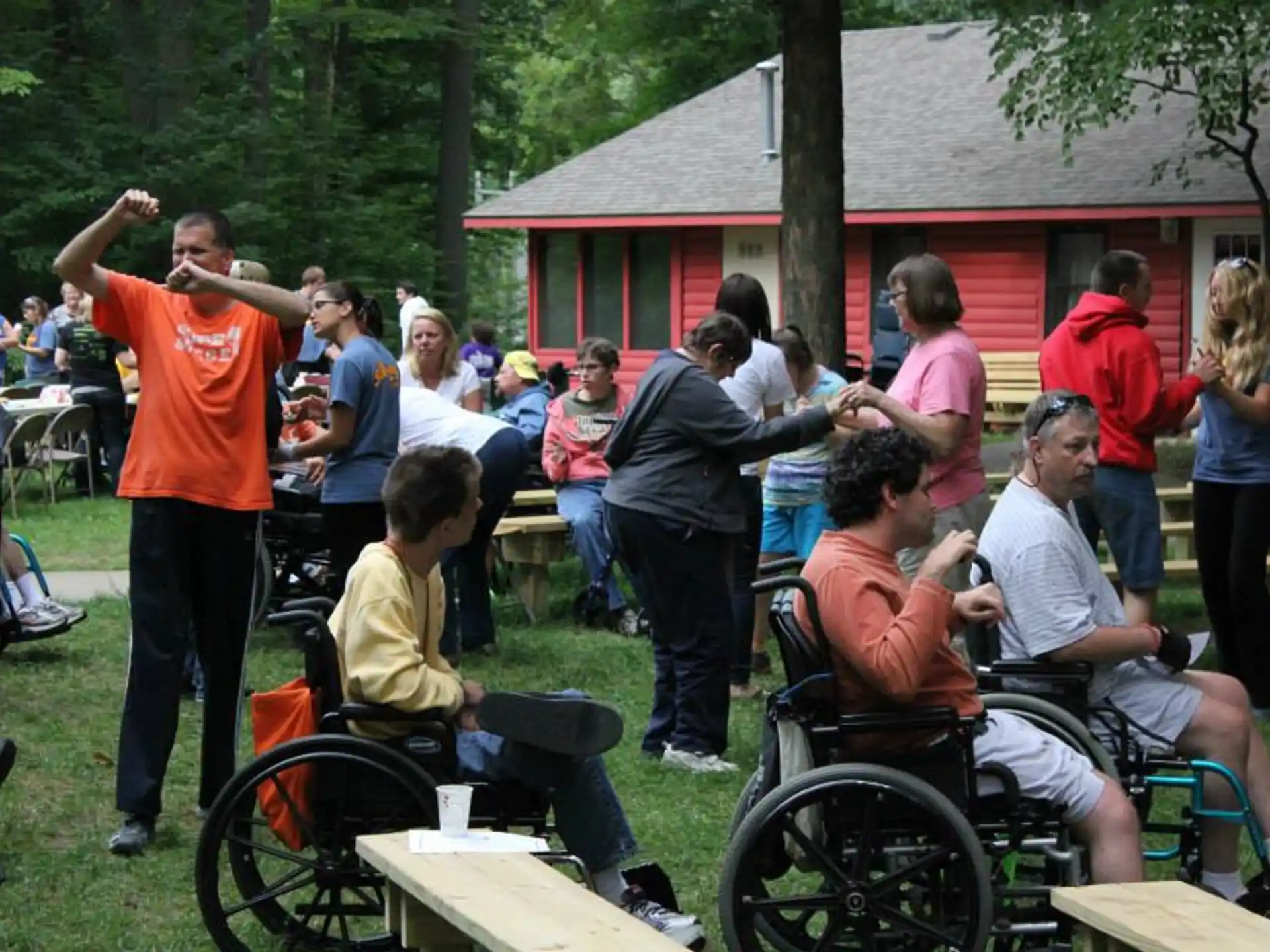 a group of people in wheelchairs