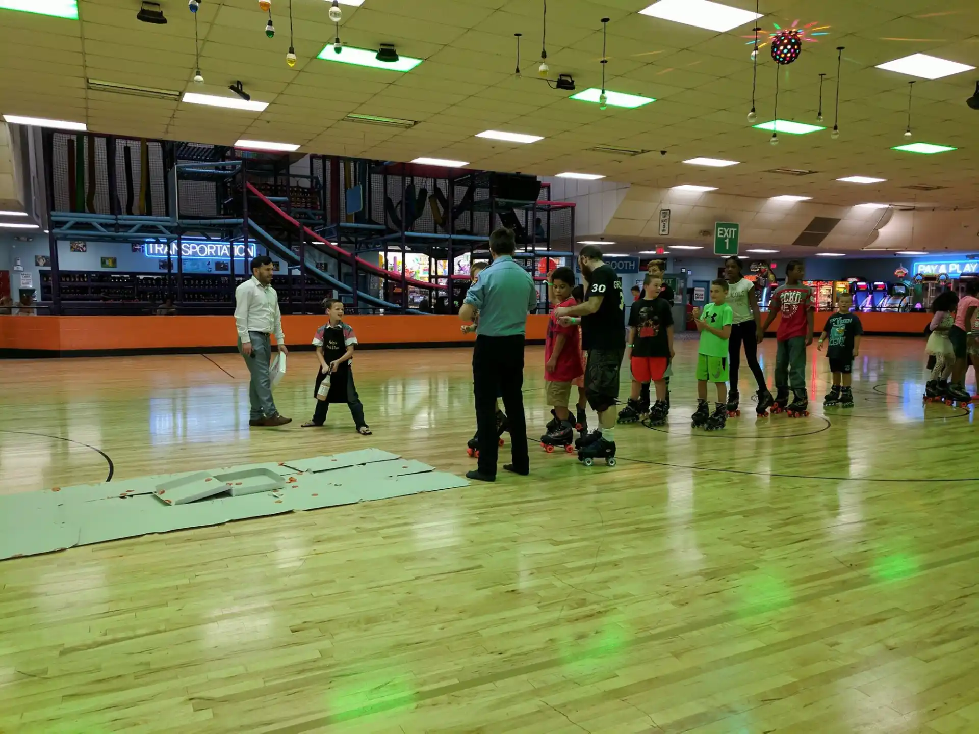 a group of people in a gym
