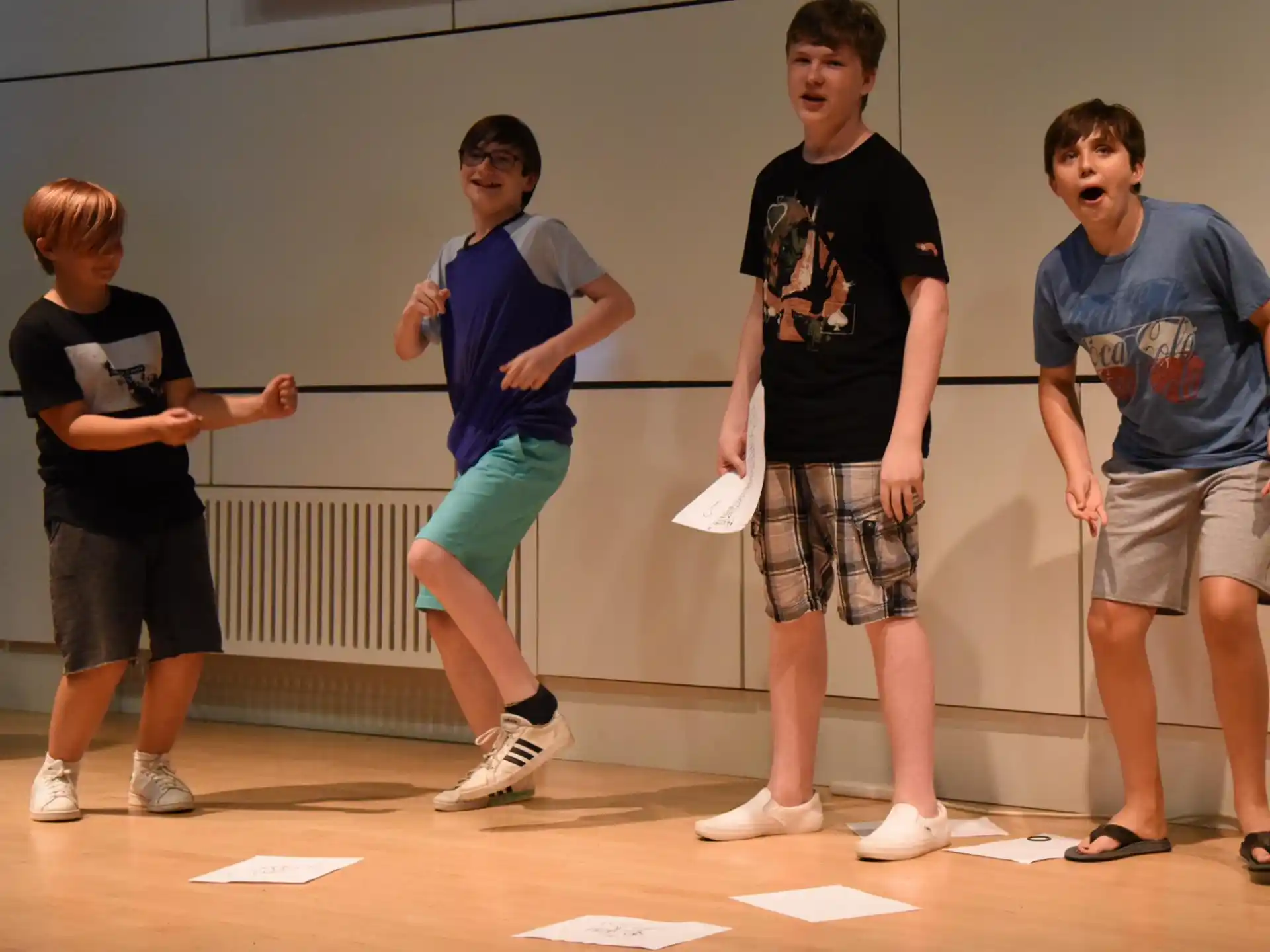 a group of people standing in a room