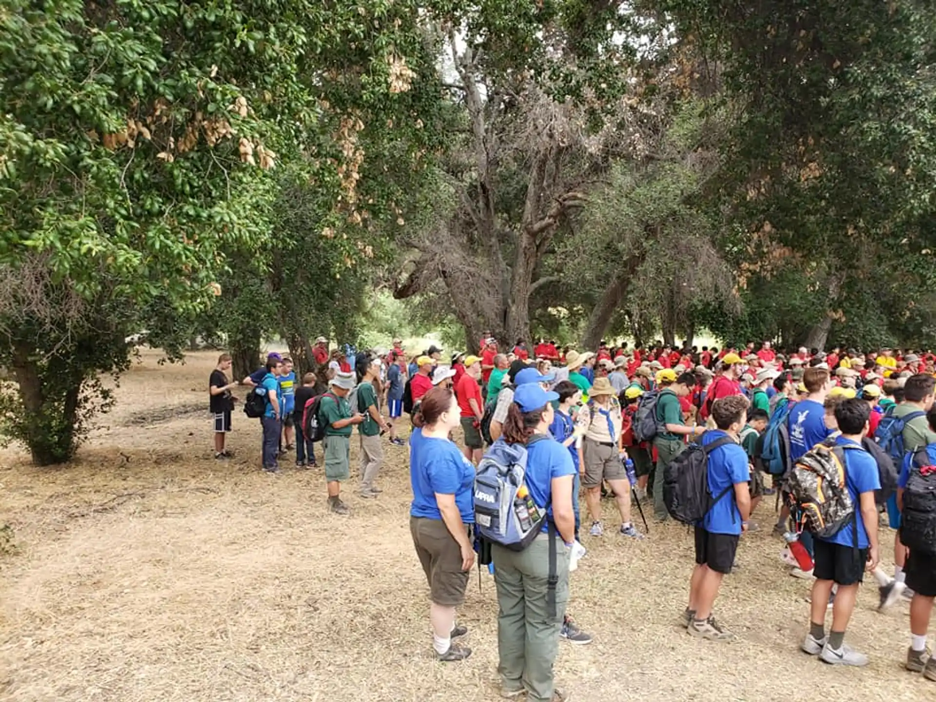 a group of people walking on a dirt path
