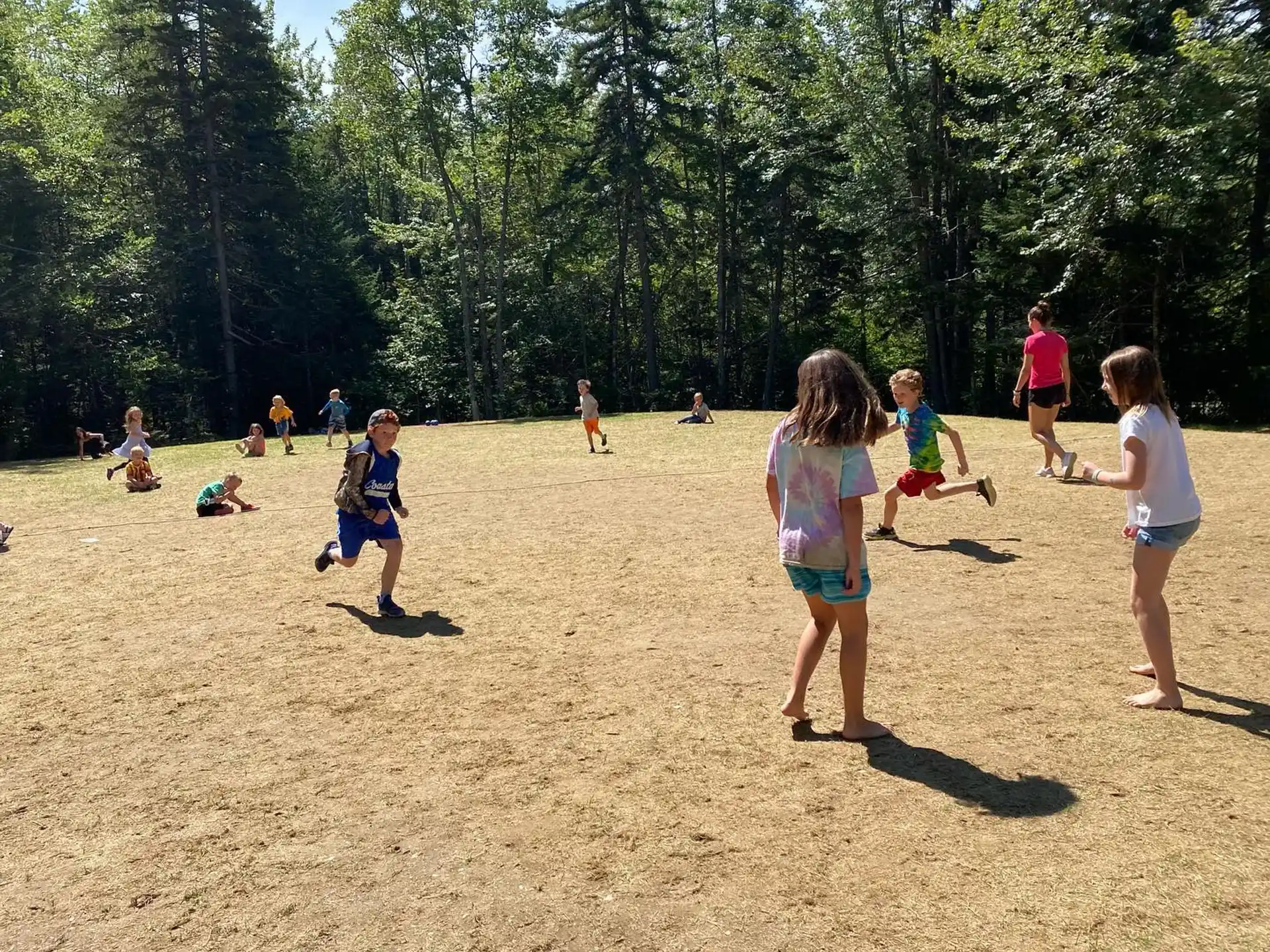 a group of people playing frisbee in a field