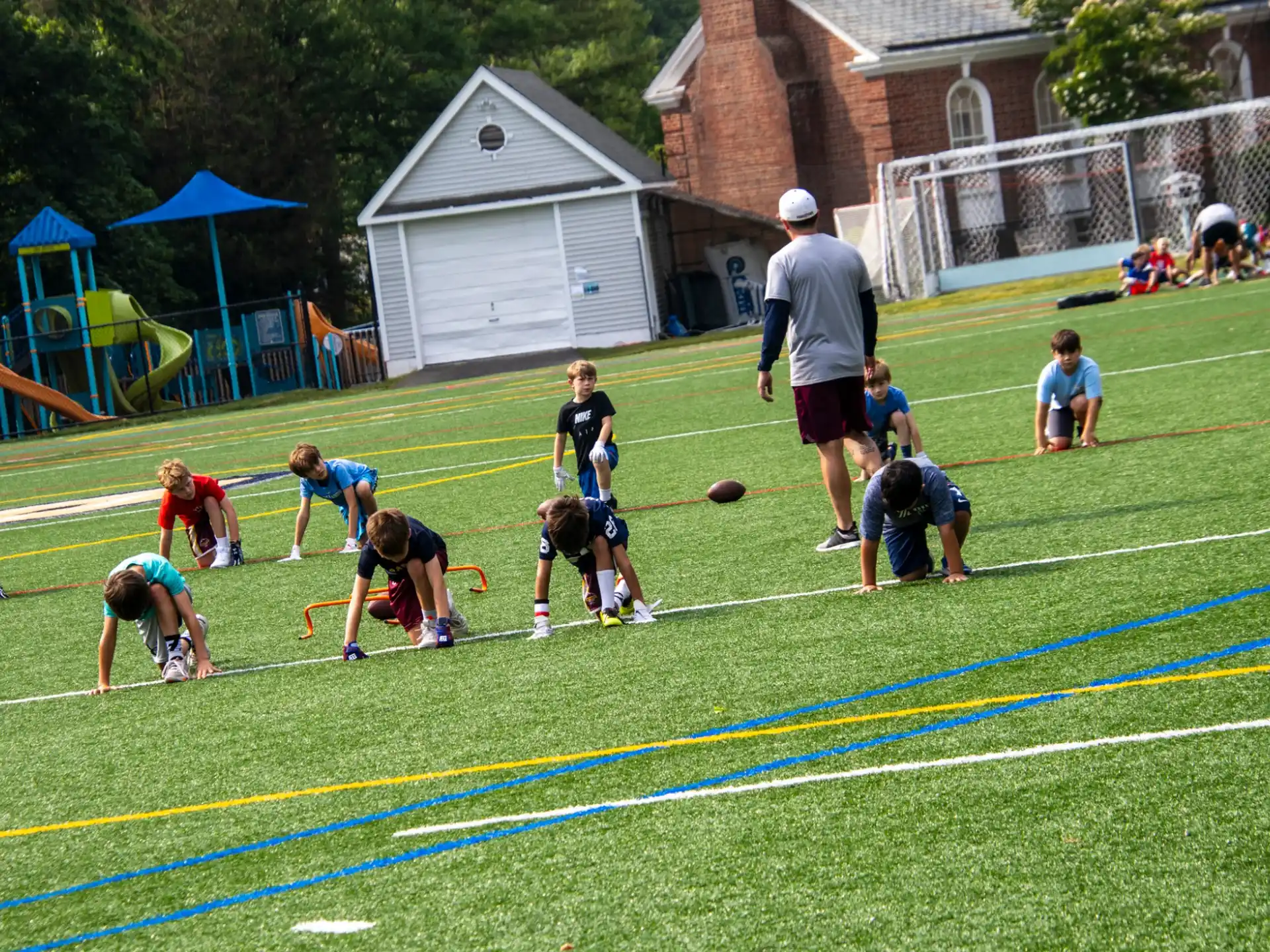 a group of people playing football