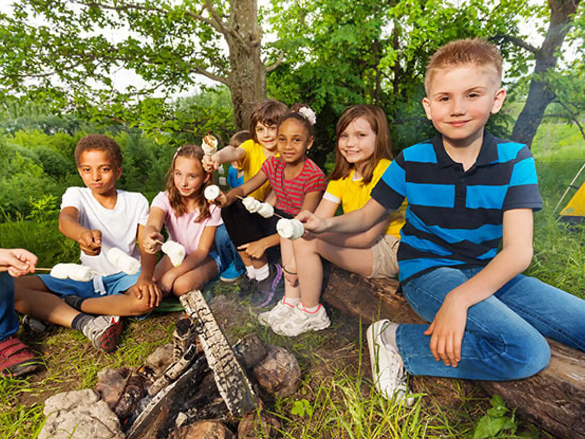 a group of children sitting around a fire