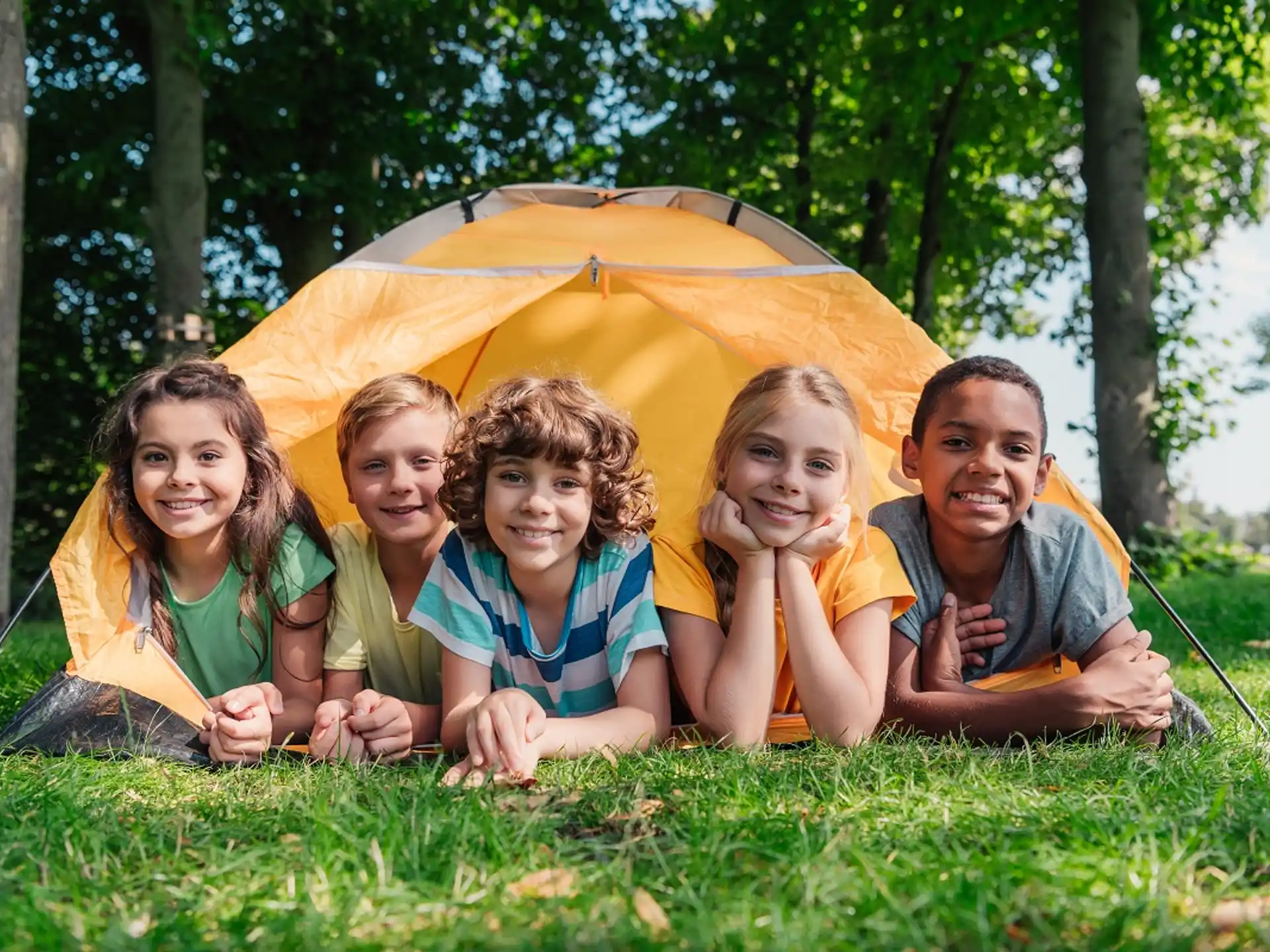 a group of people sitting in a tent in a grassy area