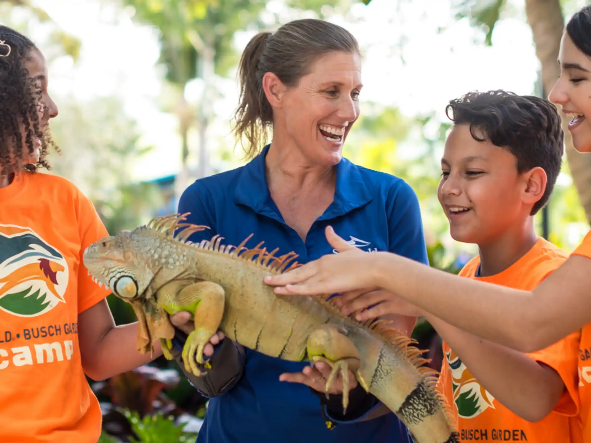 a group of people holding a reptile