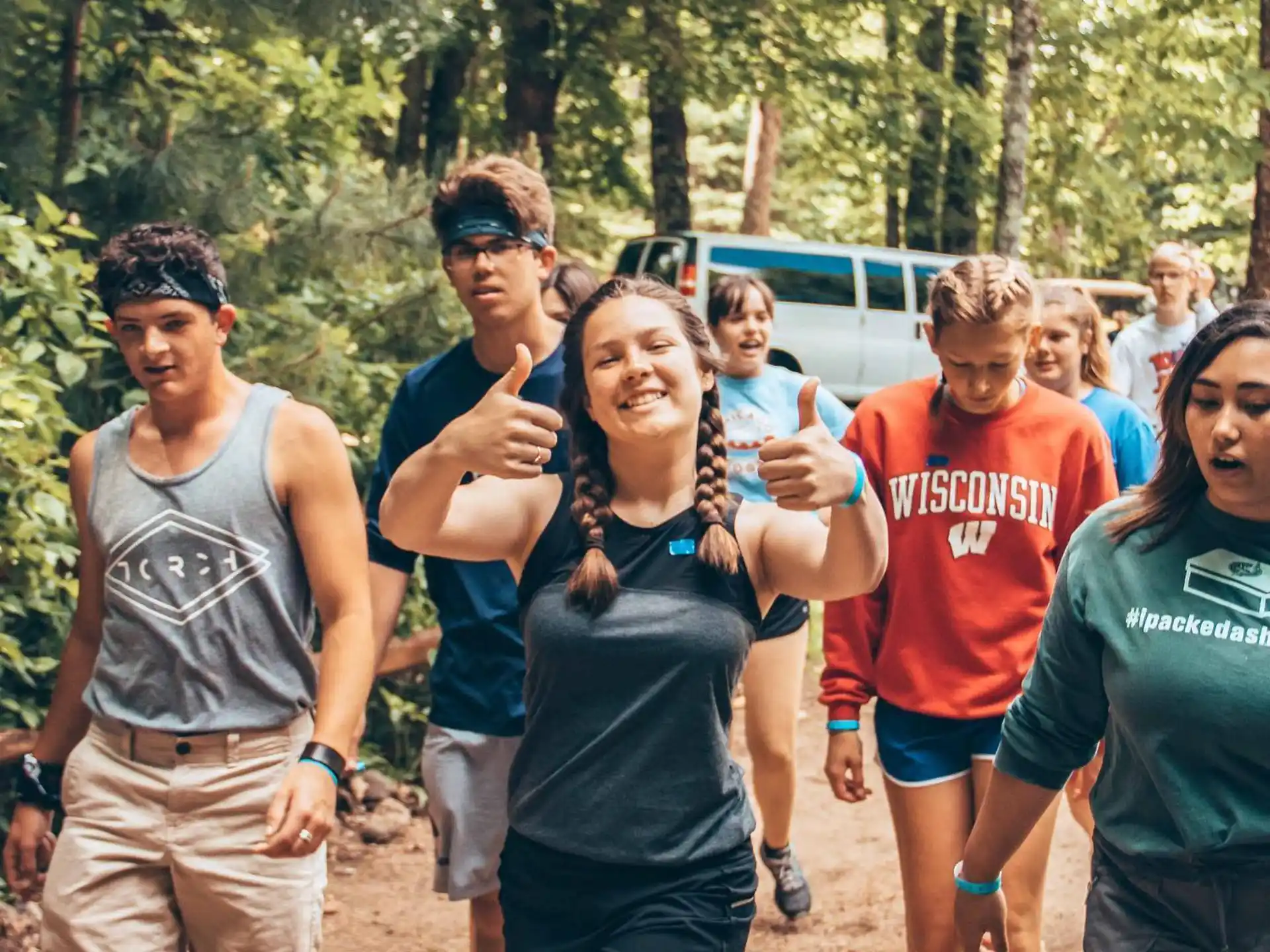 a group of people running