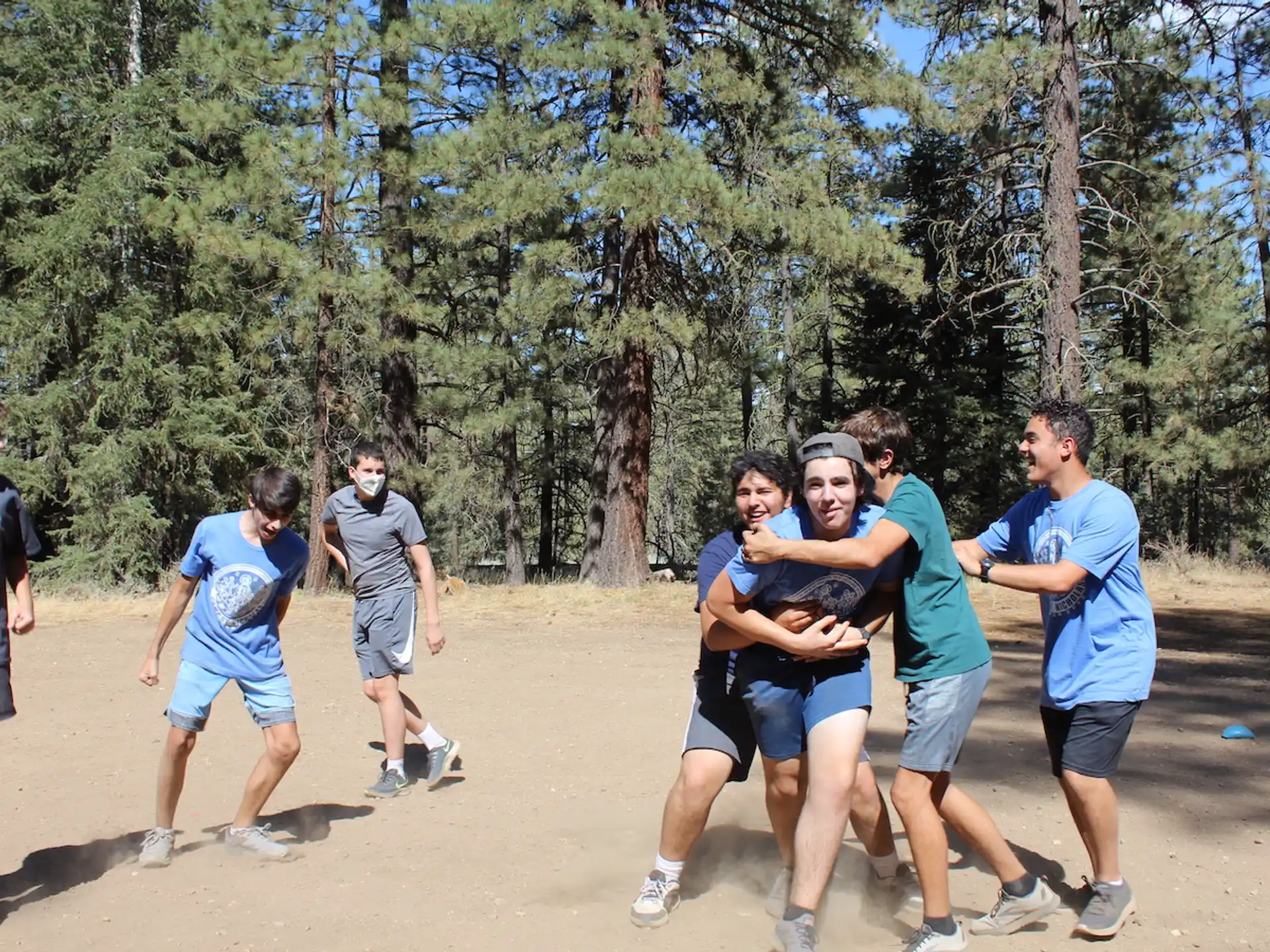 a group of people running