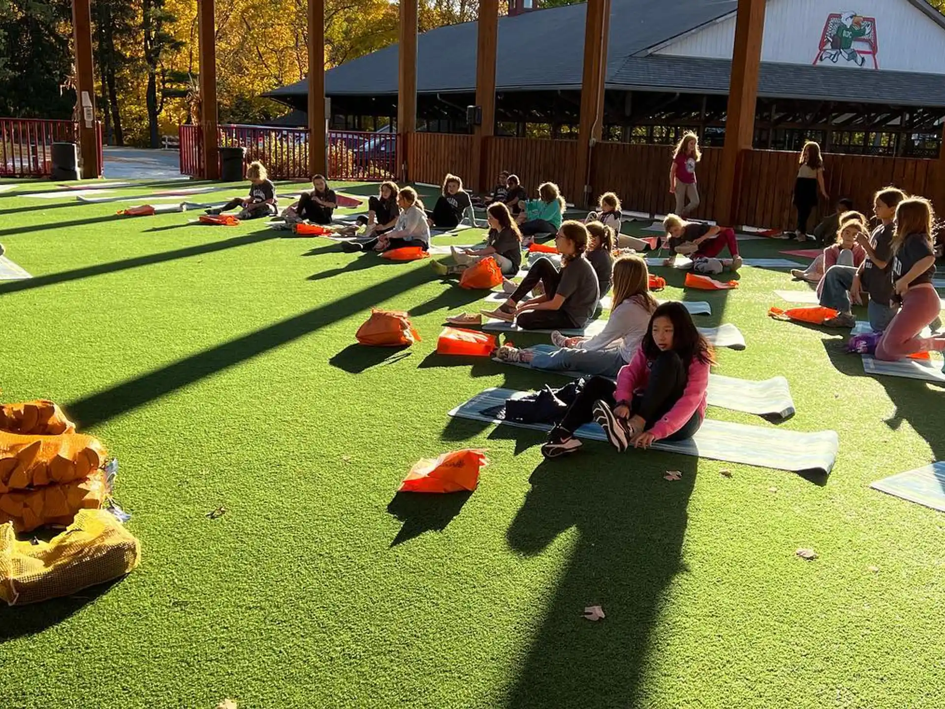 a group of people sitting on the grass